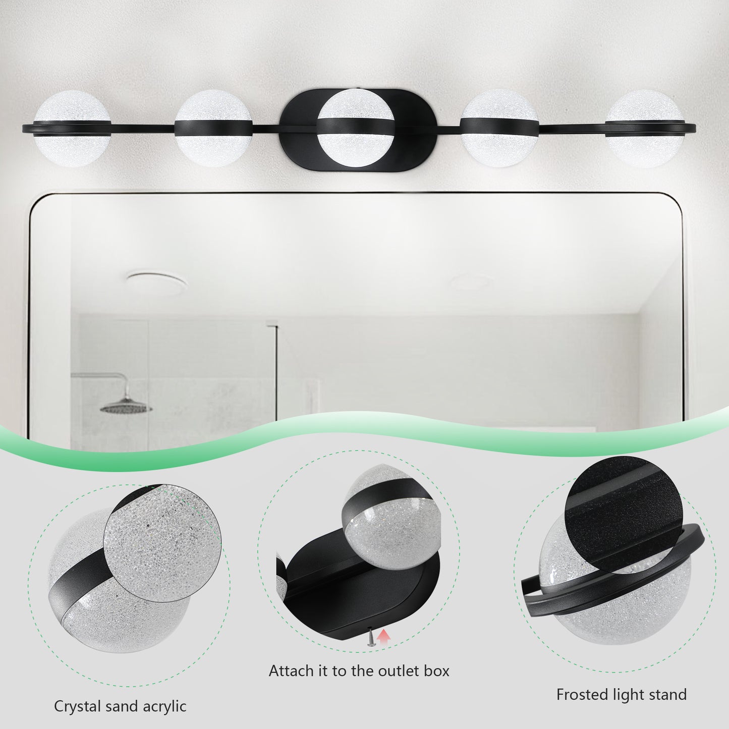 35" Modern Minimalist Bathroom Vanity Light, LED 5 Bulb Crystal Sand Acrylic Shades, Wall Mounted Decorative Lighting Fixture, Suitable for Bathroom Vanity Mirror (Black)