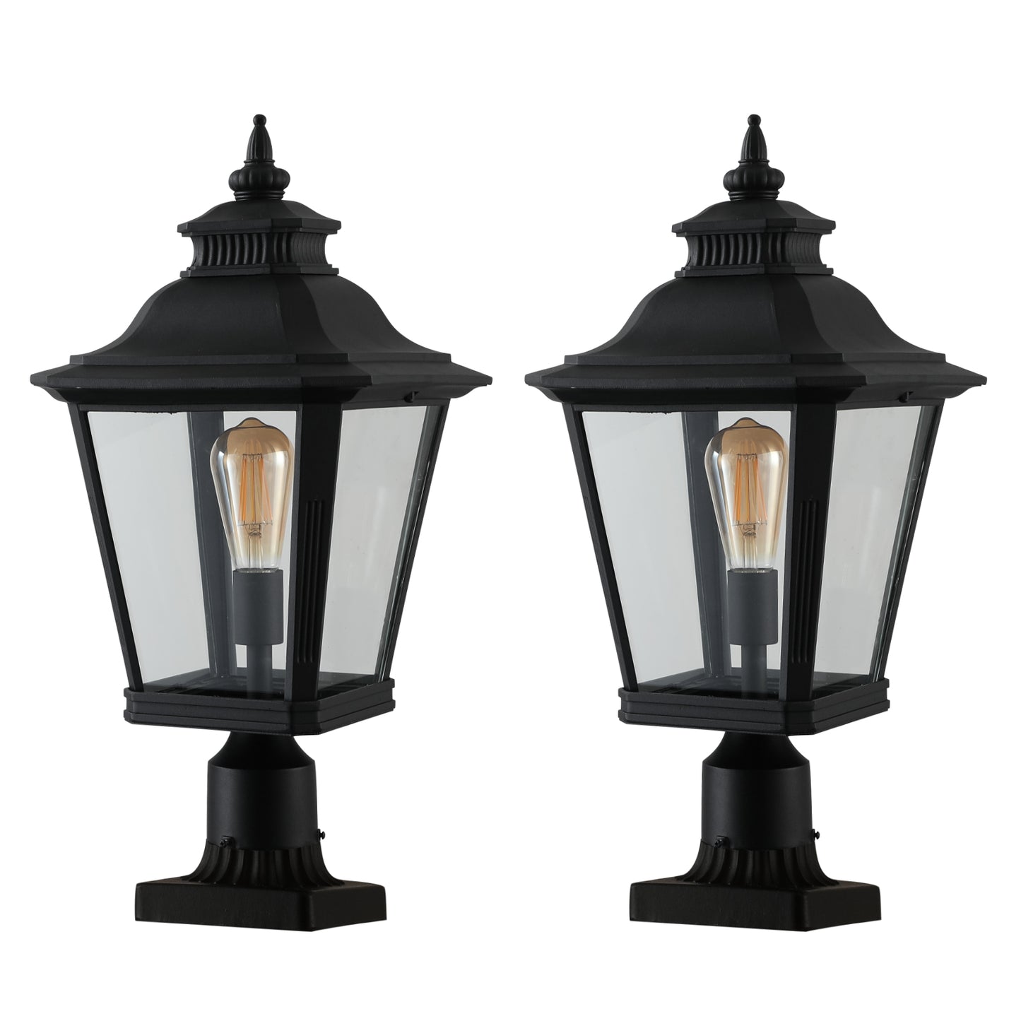 21"(H) 2-Pack Outdoor Post Lantern Light – Vintage Black Metal & Clear Glass Pillar Lamp for Garden, Gate, Driveway, and Pathway Lighting with Elegant Design (Bulb Not Included)