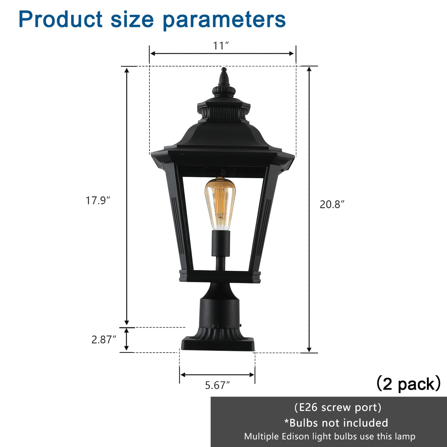 21"(H) 2-Pack Outdoor Post Lantern Light – Vintage Black Metal & Clear Glass Pillar Lamp for Garden, Gate, Driveway, and Pathway Lighting with Elegant Design (Bulb Not Included)