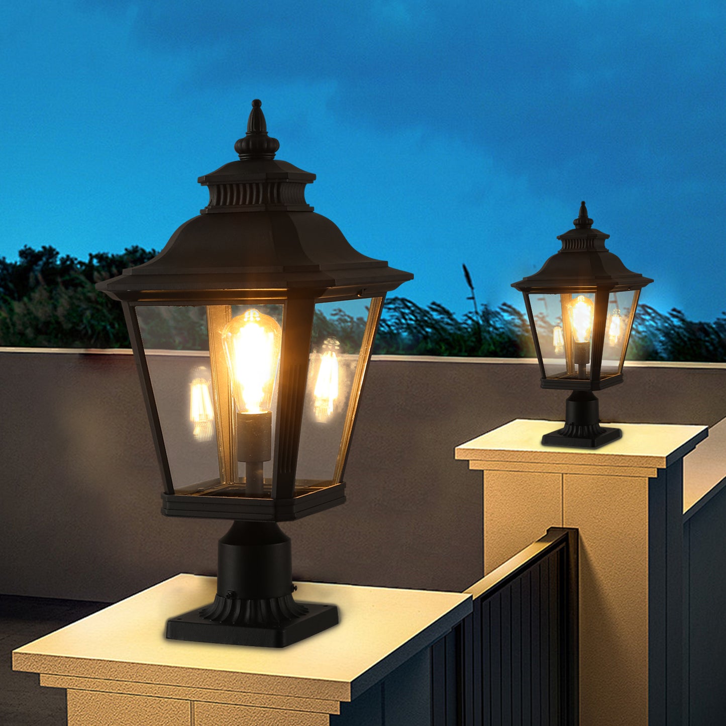 21"(H) 2-Pack Outdoor Post Lantern Light – Vintage Black Metal & Clear Glass Pillar Lamp for Garden, Gate, Driveway, and Pathway Lighting with Elegant Design (Bulb Not Included)