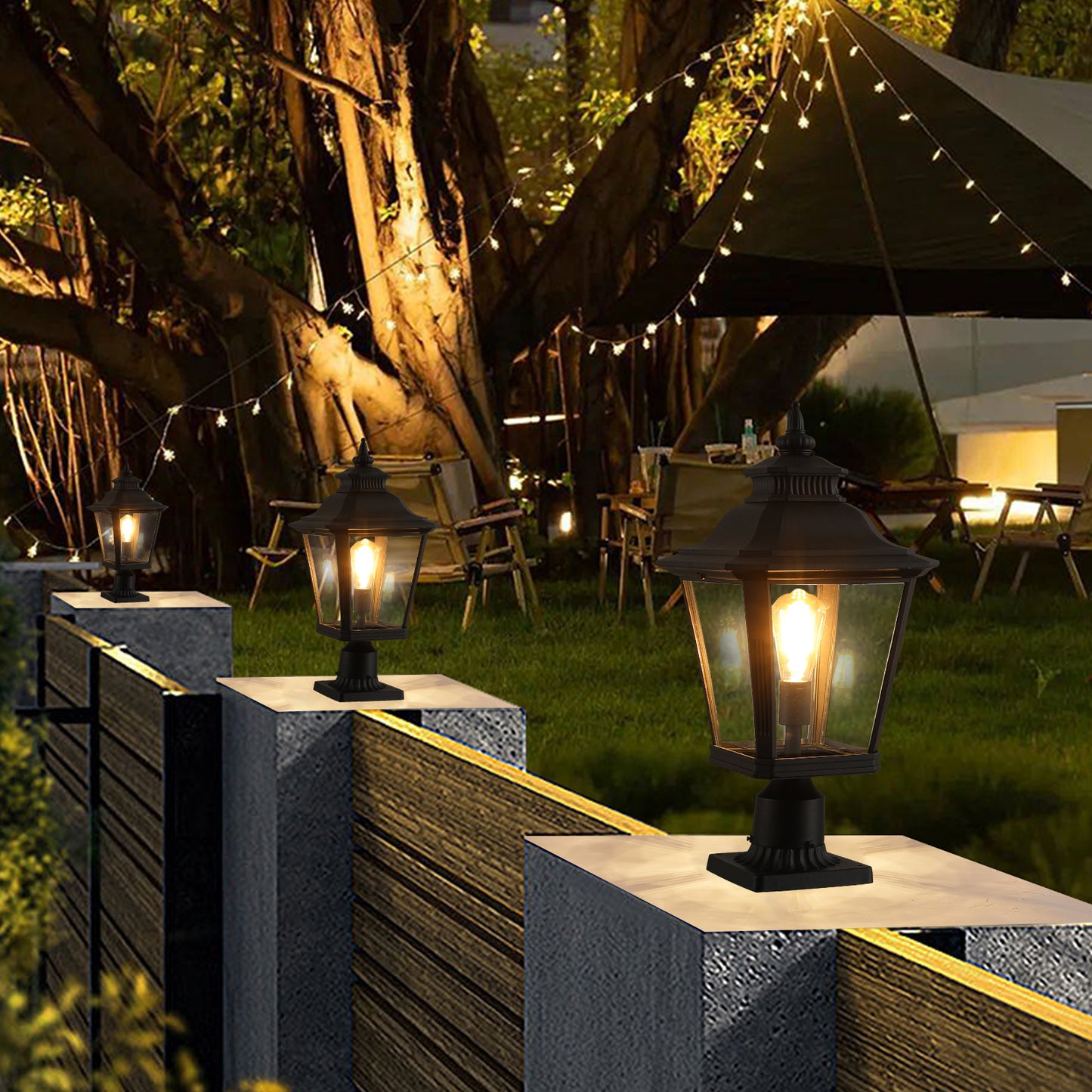 21"(H) 2-Pack Outdoor Post Lantern Light – Vintage Black Metal & Clear Glass Pillar Lamp for Garden, Gate, Driveway, and Pathway Lighting with Elegant Design (Bulb Not Included)