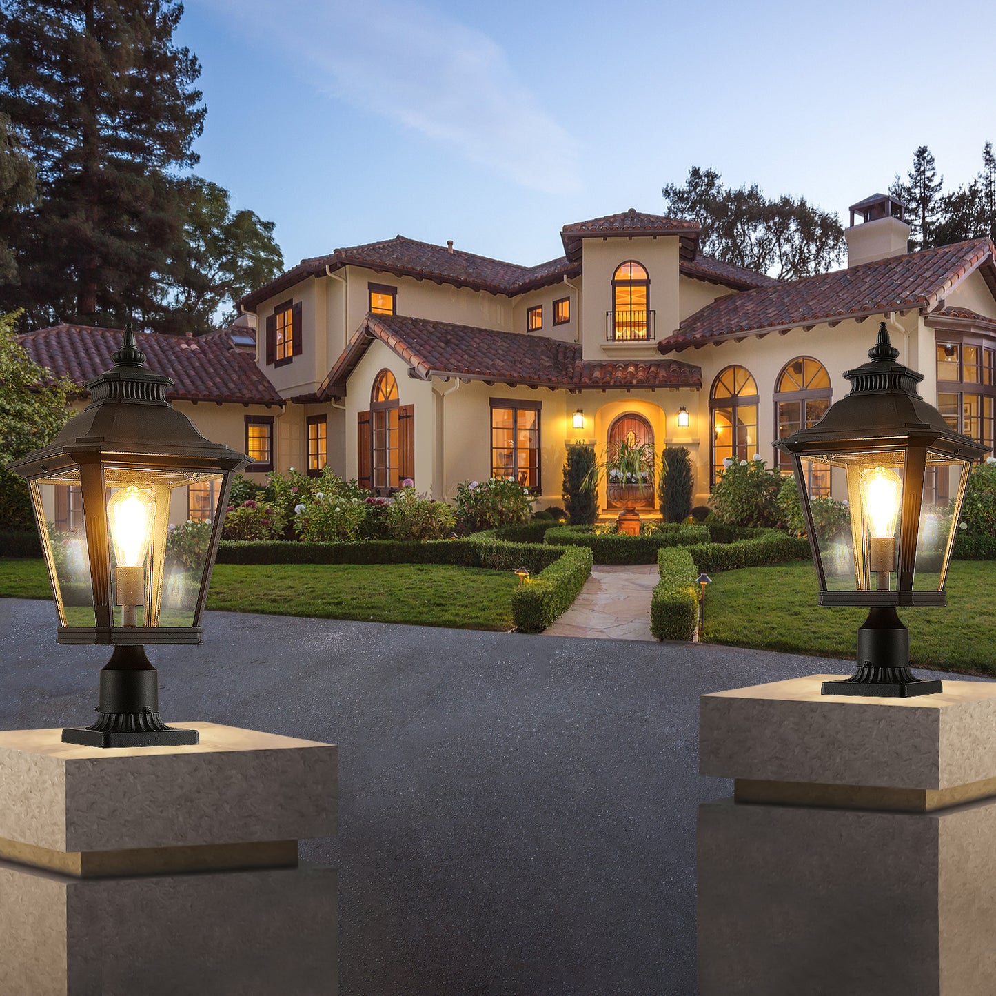 21"(H) 2-Pack Outdoor Post Lantern Light – Vintage Black Metal & Clear Glass Pillar Lamp for Garden, Gate, Driveway, and Pathway Lighting with Elegant Design (Bulb Not Included)