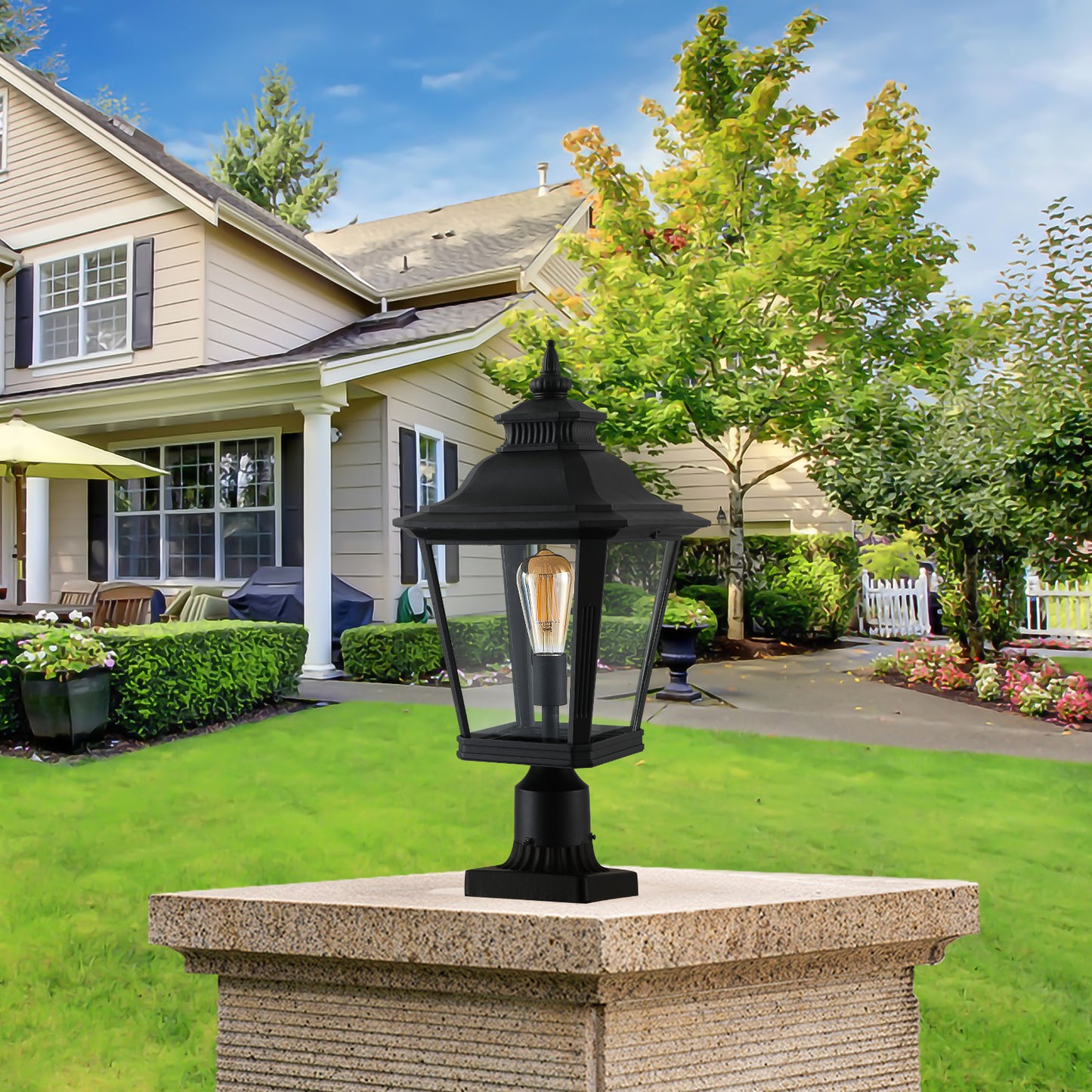 21"(H) 2-Pack Outdoor Post Lantern Light – Vintage Black Metal & Clear Glass Pillar Lamp for Garden, Gate, Driveway, and Pathway Lighting with Elegant Design (Bulb Not Included)