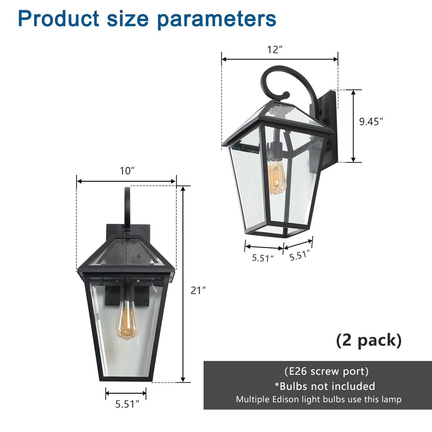 21"(H) 2-Pack Outdoor Wall Lantern Light – Modern Black Metal & Clear Glass Sconce for Porch, Patio, and Garden Lighting (Bulb Not Included)