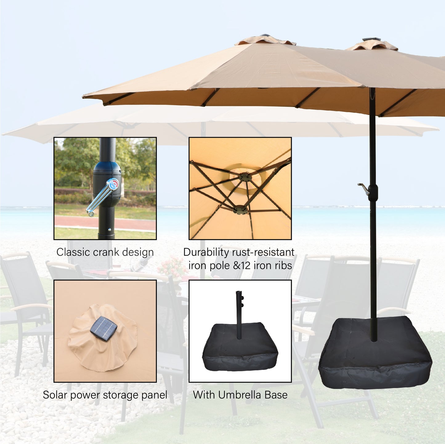 15x9ft Large Double-Sided Rectangular Outdoor Twin Patio Market Umbrella with light and base- taupe