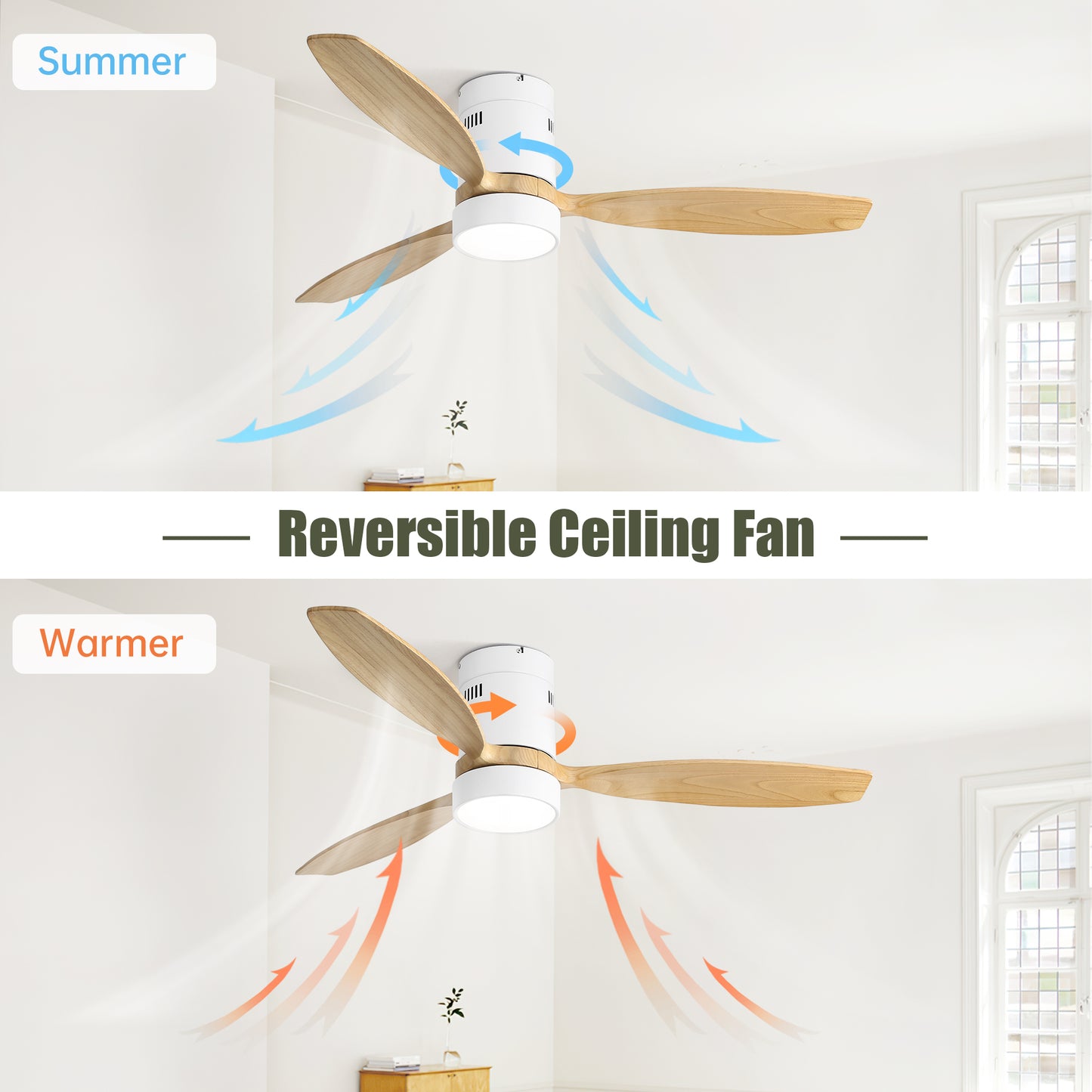 52 Inch Flush Mount Ceiling Fan DC 3 Solid Wood Fan Blade Noiseless Reversible Motor Remote Control With Ligh