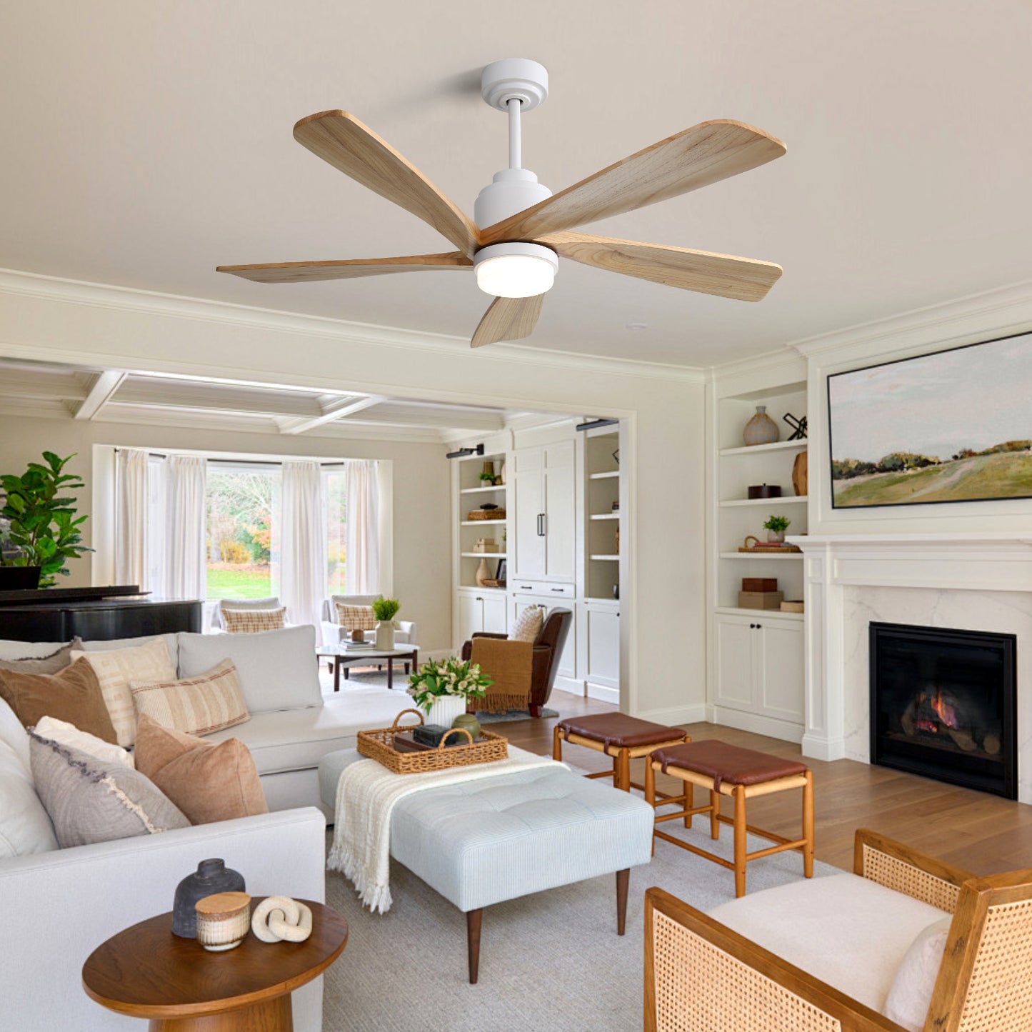 52 Inch Indoor Ceiling Fan With Dimmable LED Light 5 Solid Wood Blades Remote Control Reversible DC Motor With Smart APP Control