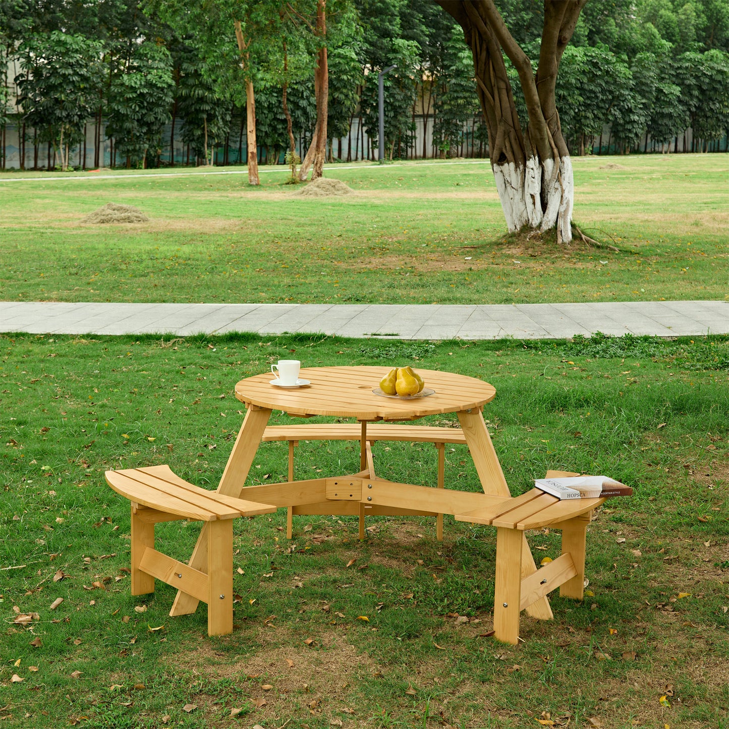 Outdoor 6 Person Picnic Table, 6 person Round Picnic Table with 3 Built-in Benches, Umbrella Hole, Outside Table and Bench Set for Garden, Backyard, Porch, Patio, Natural