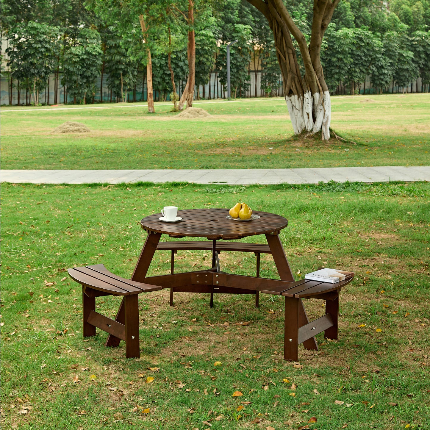 Outdoor 6 Person Picnic Table, 6 person Round Picnic Table with 3 Built-in Benches, Umbrella Hole, Outside Table and Bench Set for Garden, Backyard, Porch, Patio, Brown