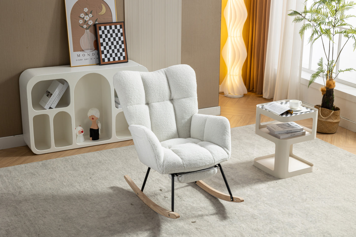 053-Teddy Fabric Rocking Chair With Adjustable Footrest,Ivory