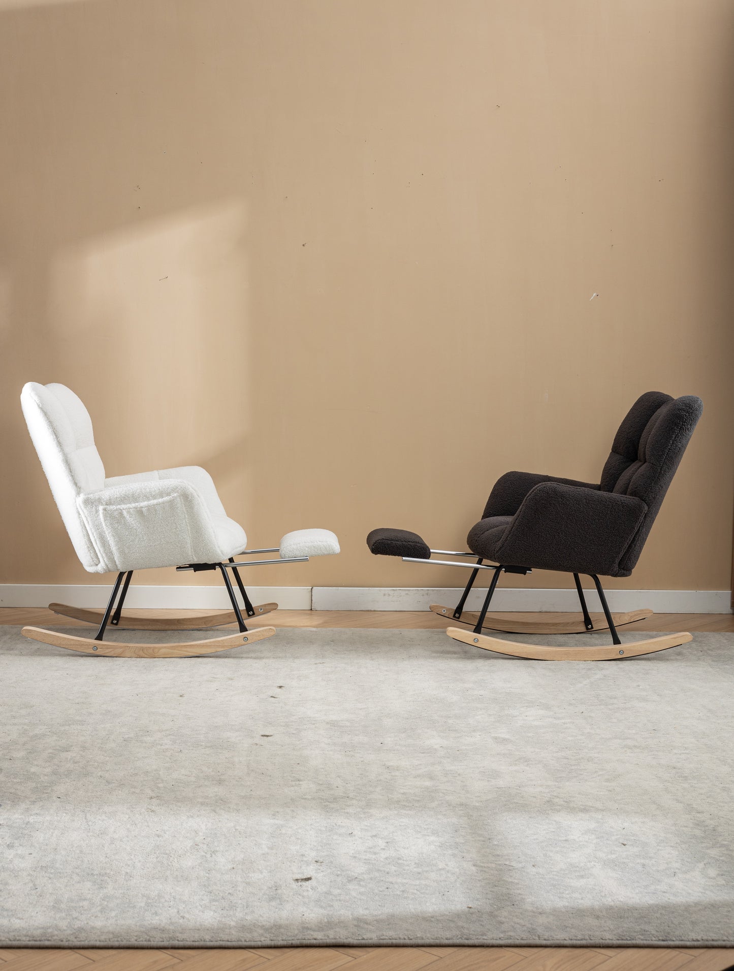 053-Teddy Fabric Rocking Chair With Adjustable Footrest,Ivory