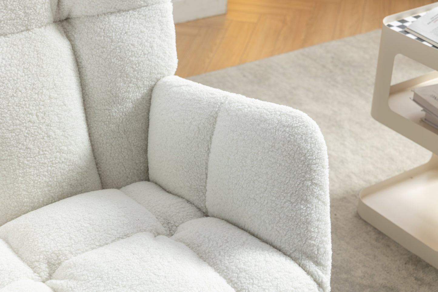 053-Teddy Fabric Rocking Chair With Adjustable Footrest,Ivory