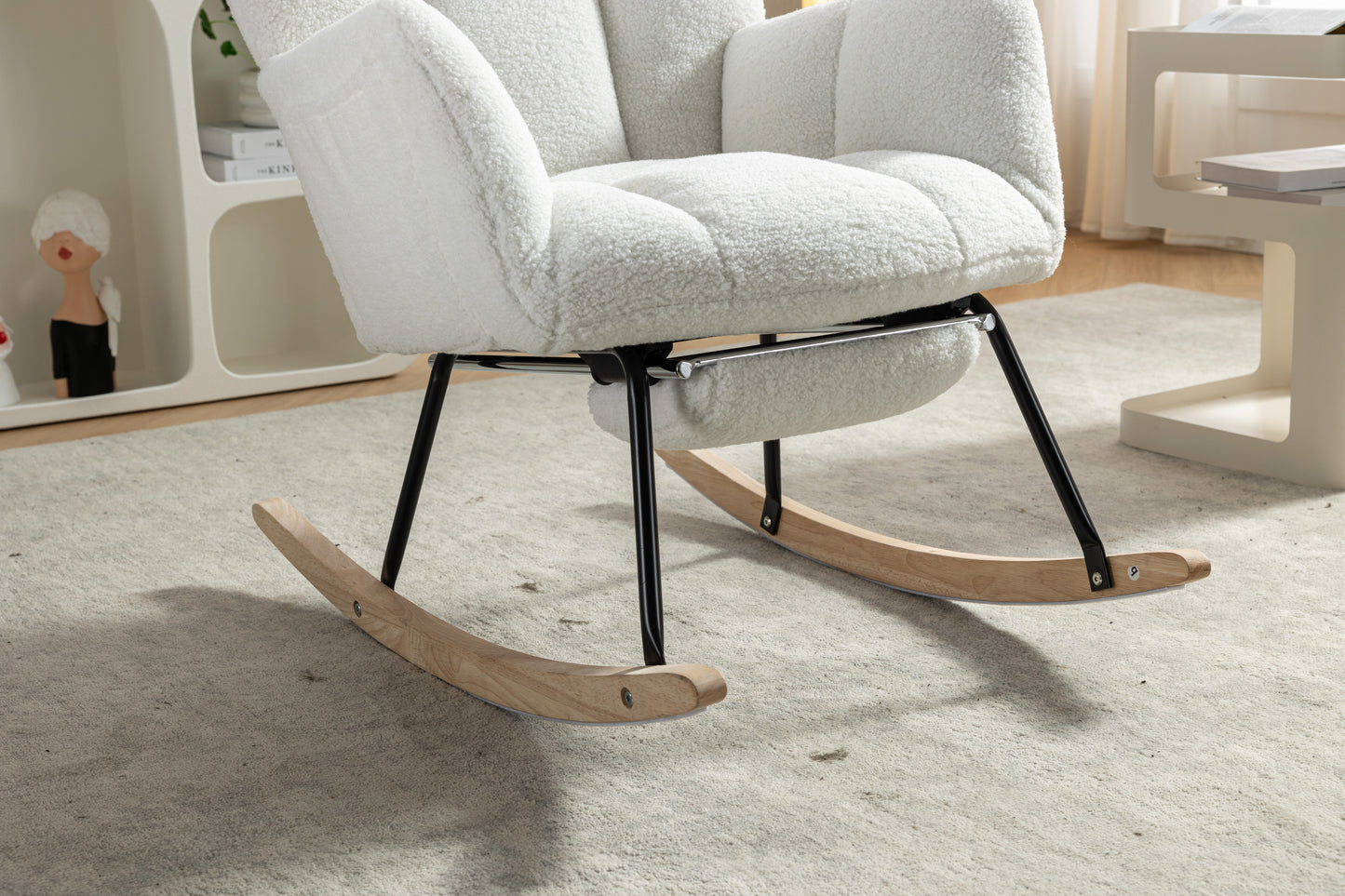 053-Teddy Fabric Rocking Chair With Adjustable Footrest,Ivory