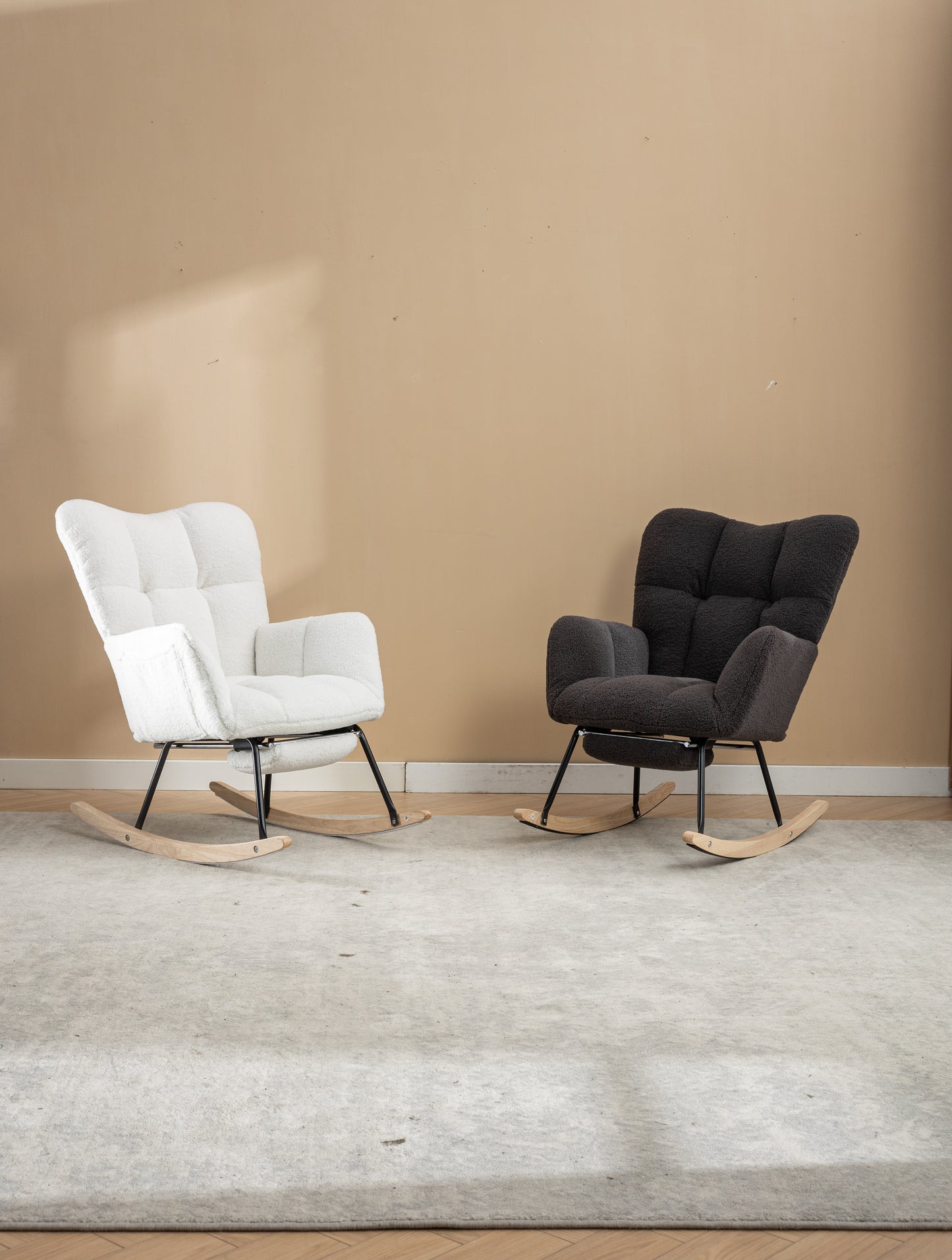053-Teddy Fabric Rocking Chair With Adjustable Footrest,Ivory