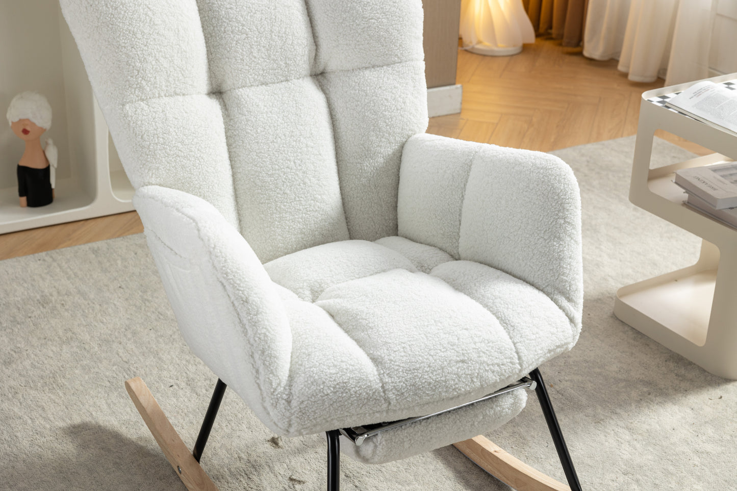 053-Teddy Fabric Rocking Chair With Adjustable Footrest,Ivory