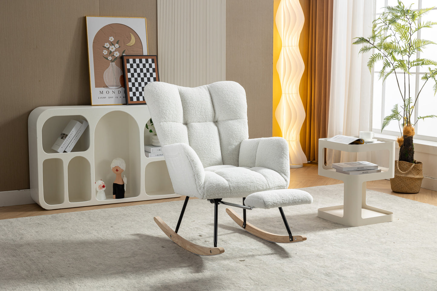 053-Teddy Fabric Rocking Chair With Adjustable Footrest,Ivory