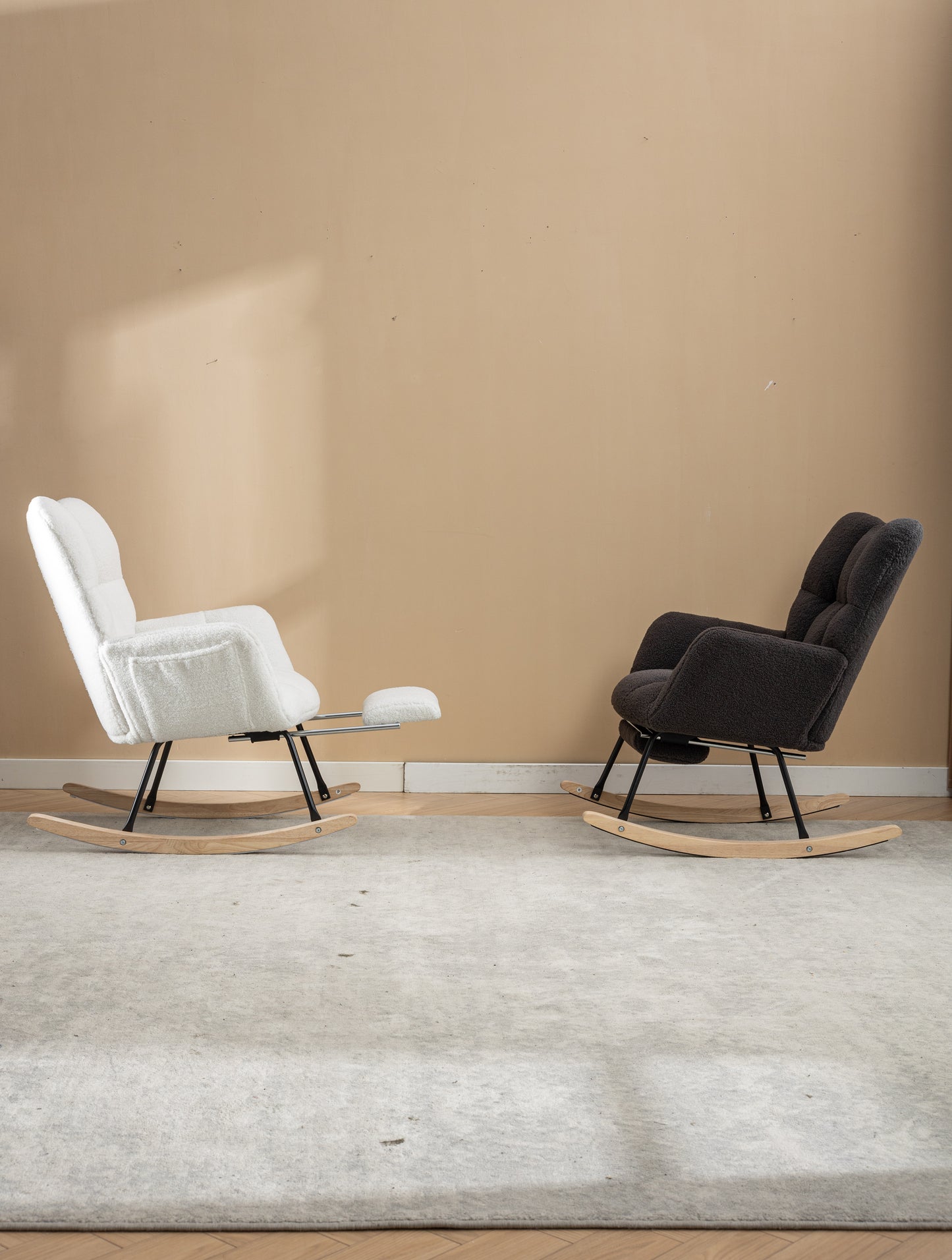 053-Teddy Fabric Rocking Chair With Adjustable Footrest,Ivory