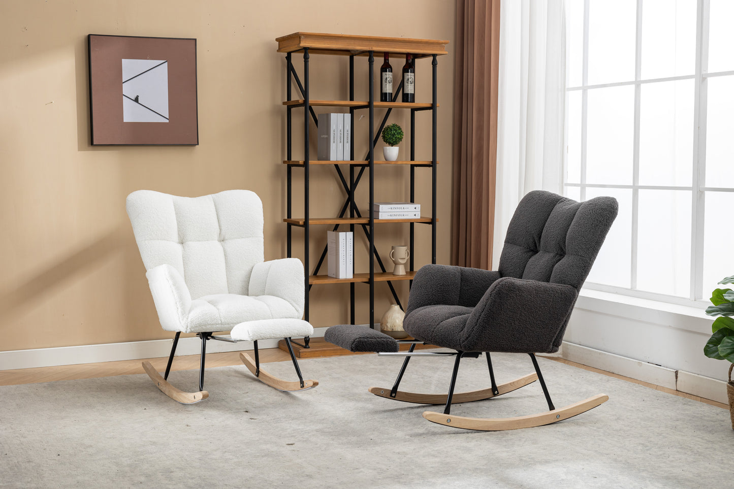 053-Teddy Fabric Rocking Chair With Adjustable Footrest,Ivory