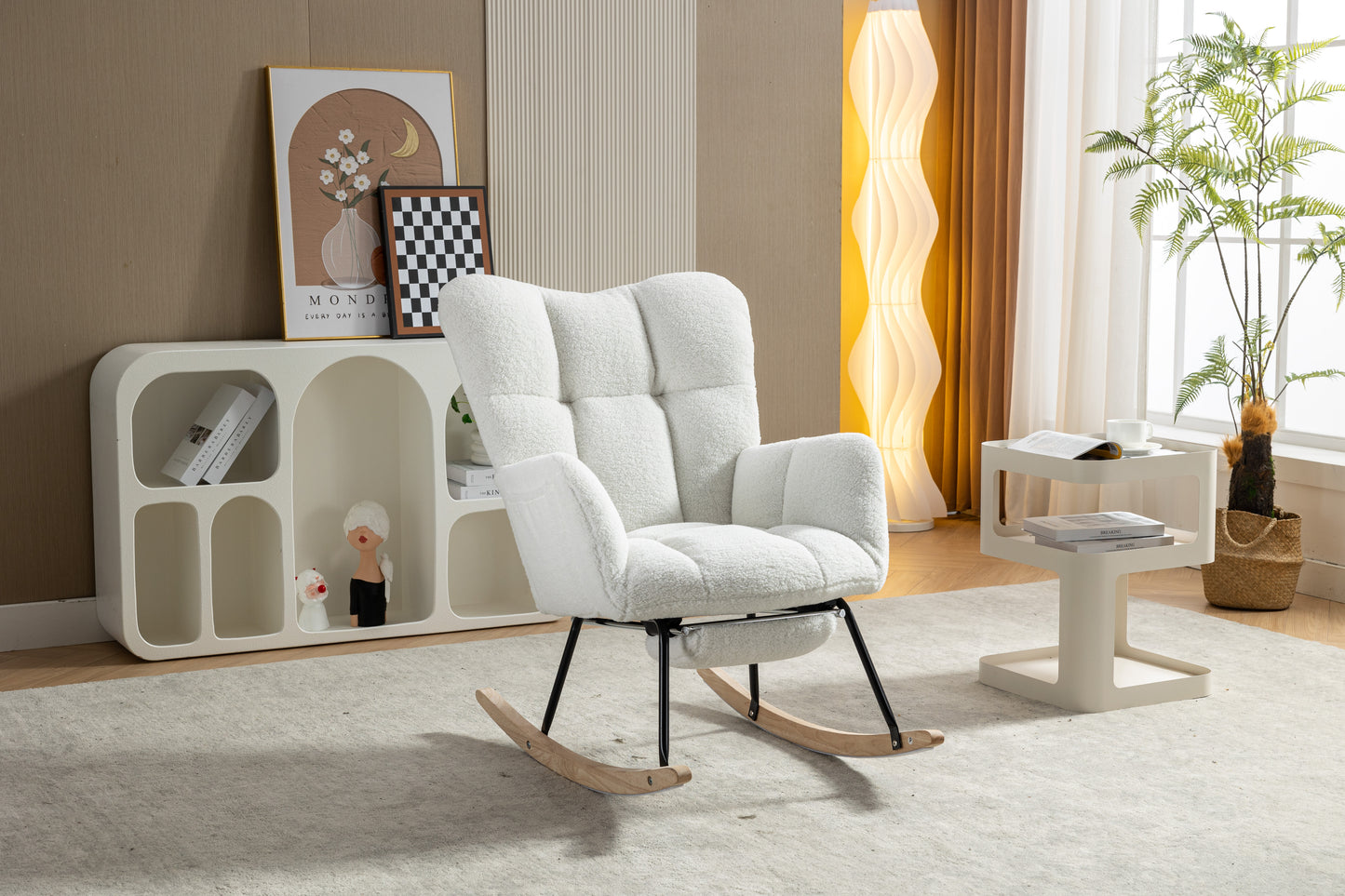 053-Teddy Fabric Rocking Chair With Adjustable Footrest,Ivory
