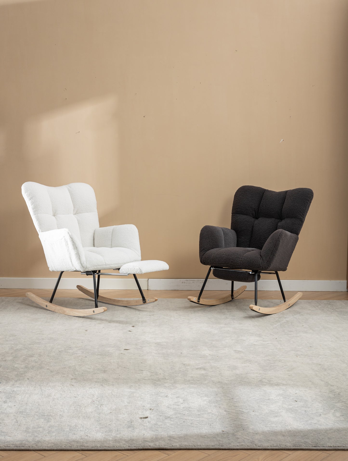 053-Teddy Fabric Rocking Chair With Adjustable Footrest,Ivory