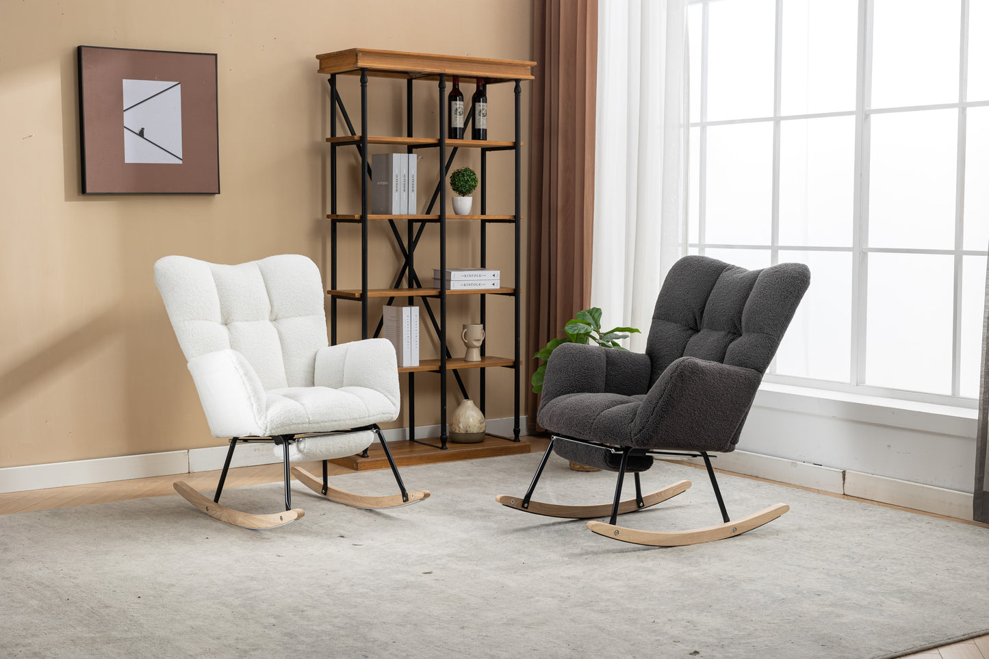 053-Teddy Fabric Rocking Chair With Adjustable Footrest,Ivory