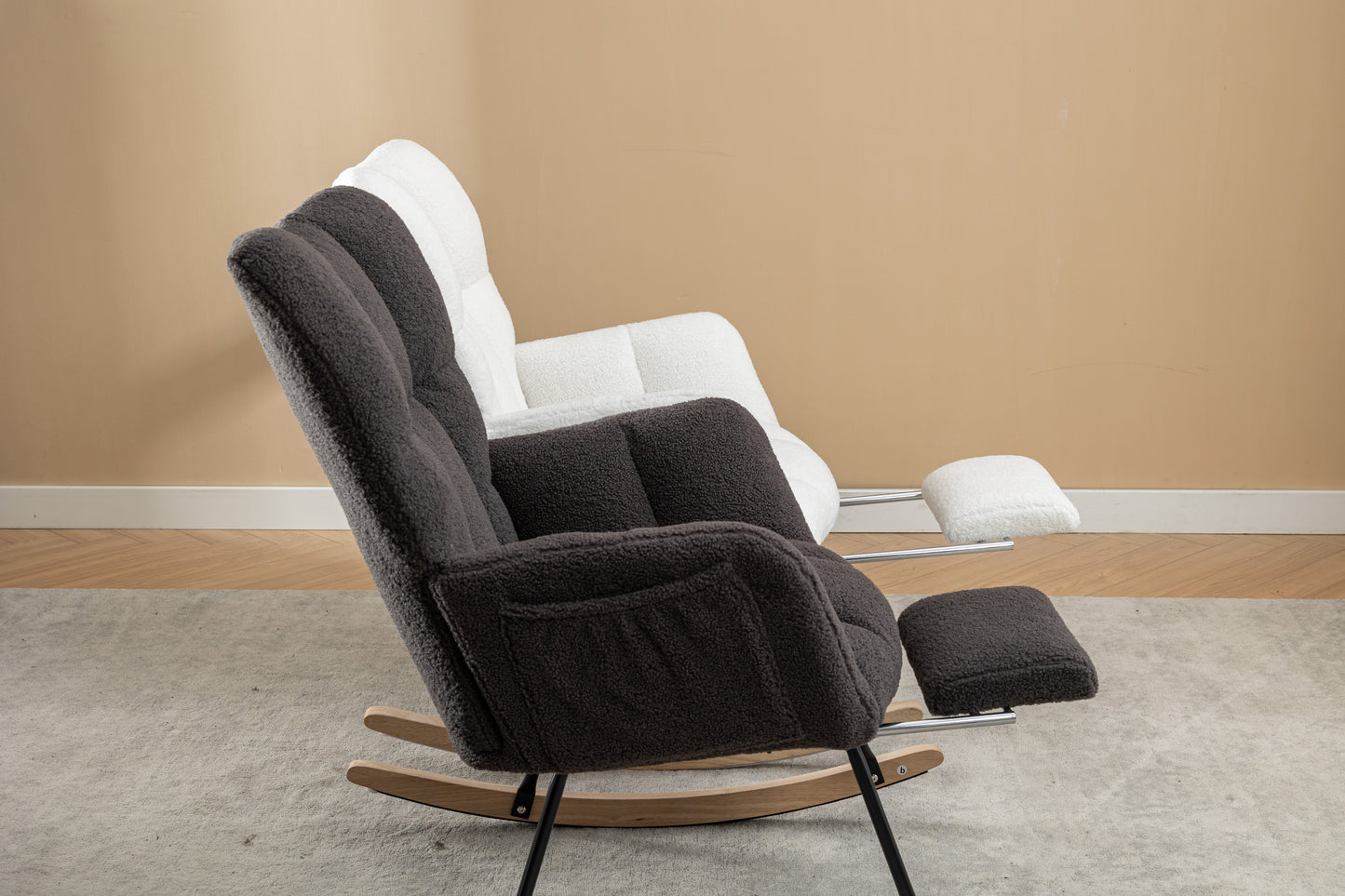 053-Teddy Fabric Rocking Chair With Adjustable Footrest,Ivory