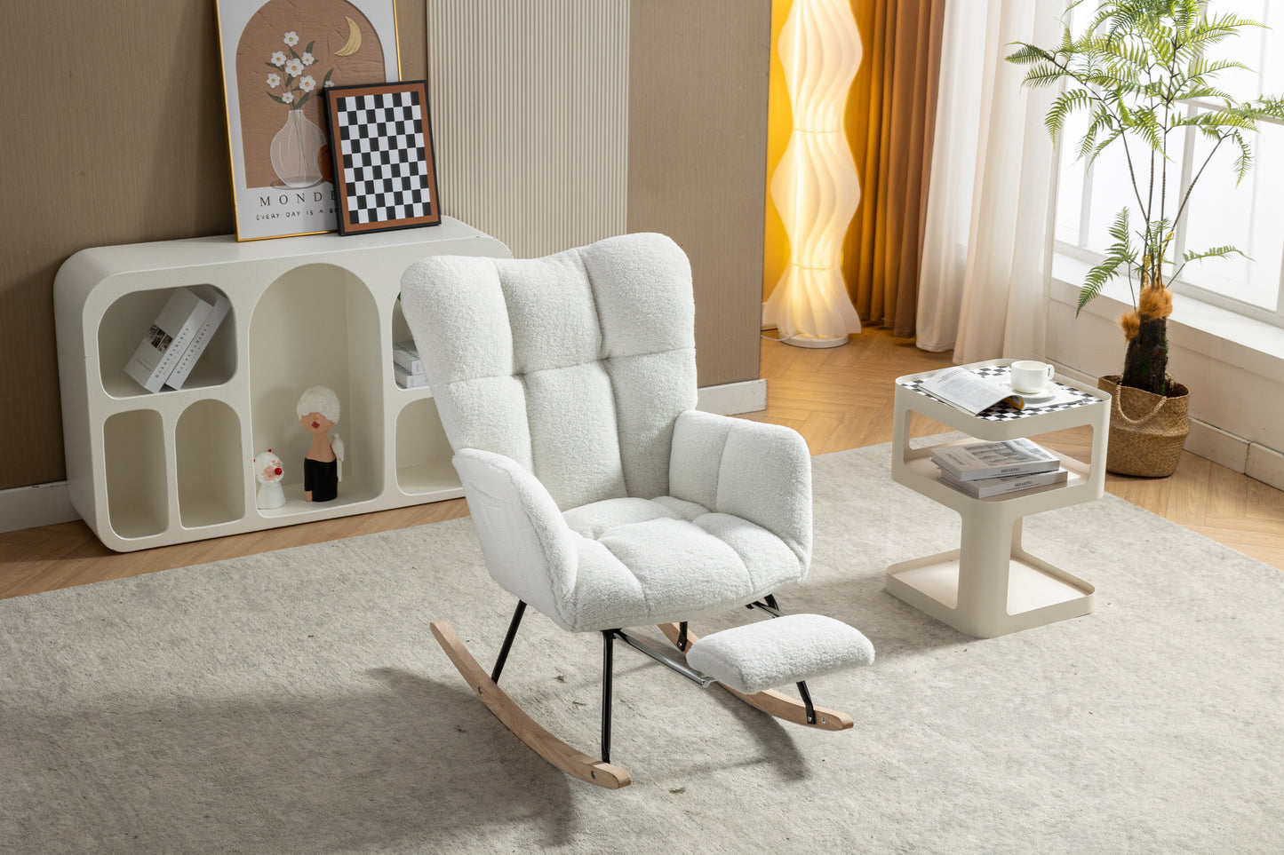 053-Teddy Fabric Rocking Chair With Adjustable Footrest,Ivory