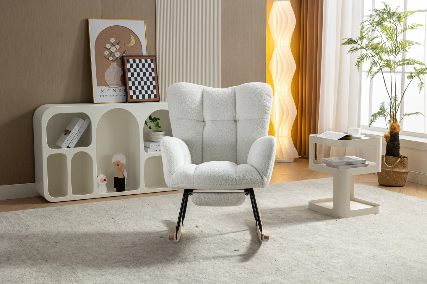 053-Teddy Fabric Rocking Chair With Adjustable Footrest,Ivory