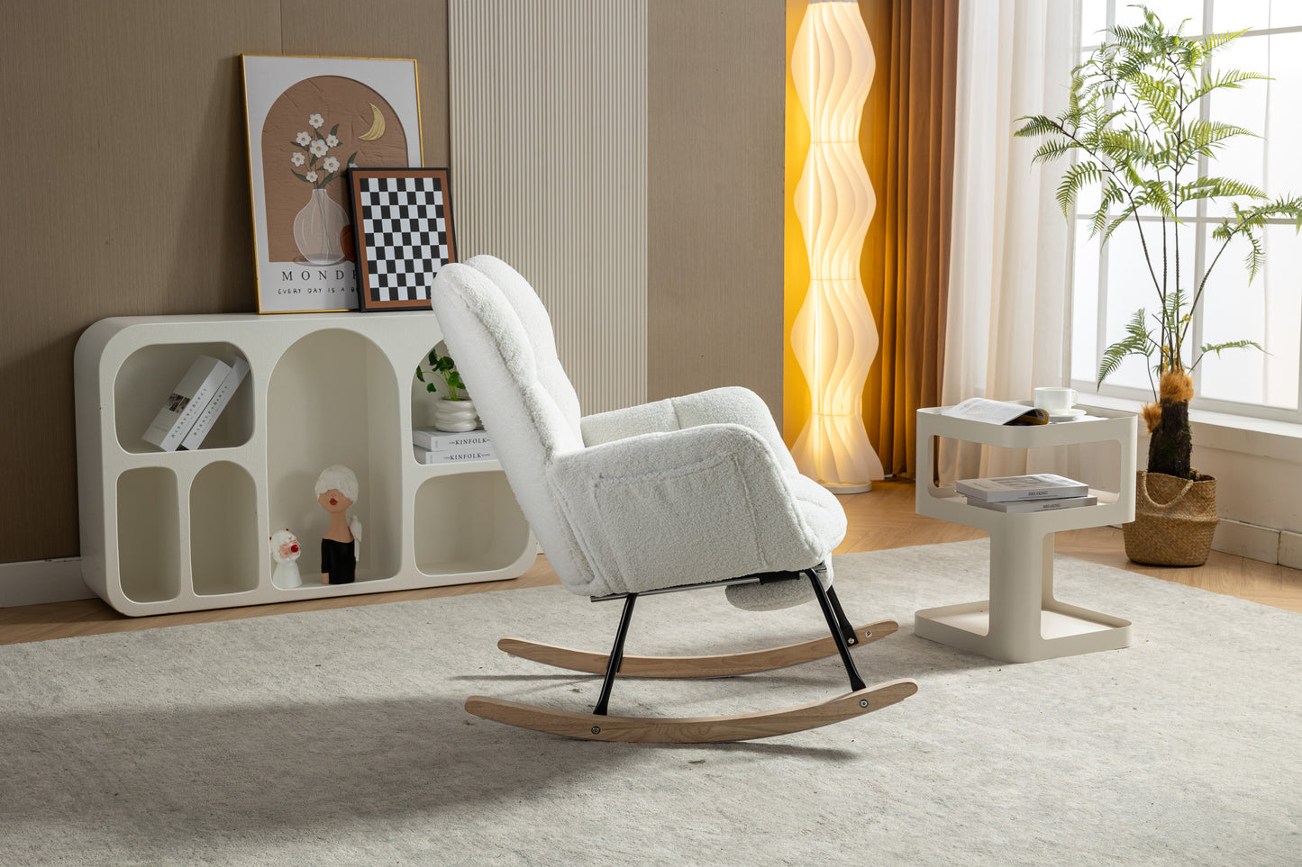 053-Teddy Fabric Rocking Chair With Adjustable Footrest,Ivory
