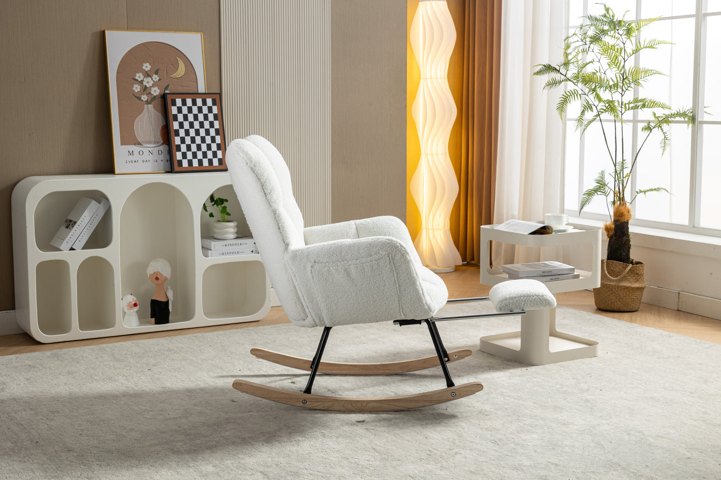 053-Teddy Fabric Rocking Chair With Adjustable Footrest,Ivory