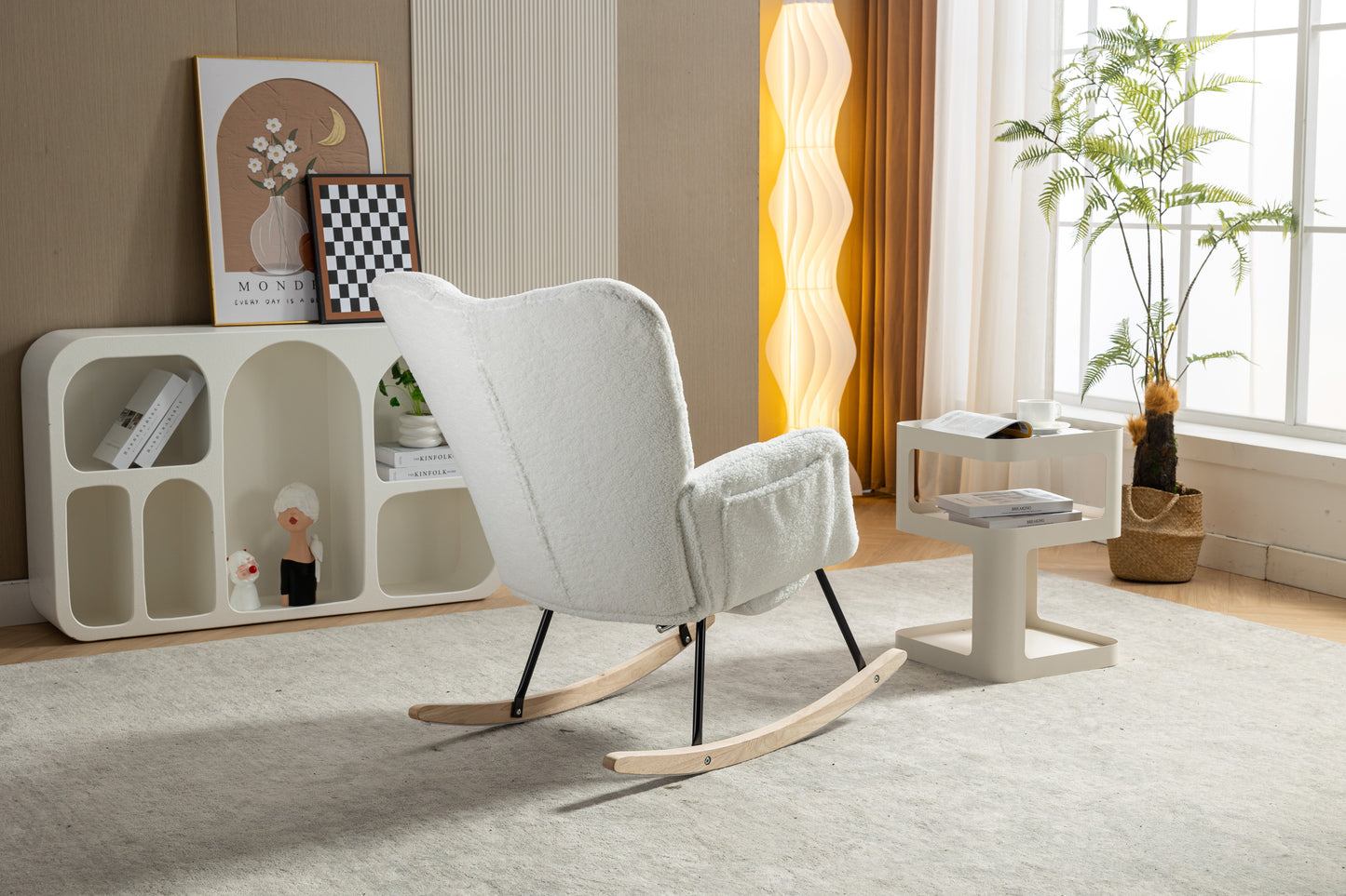 053-Teddy Fabric Rocking Chair With Adjustable Footrest,Ivory