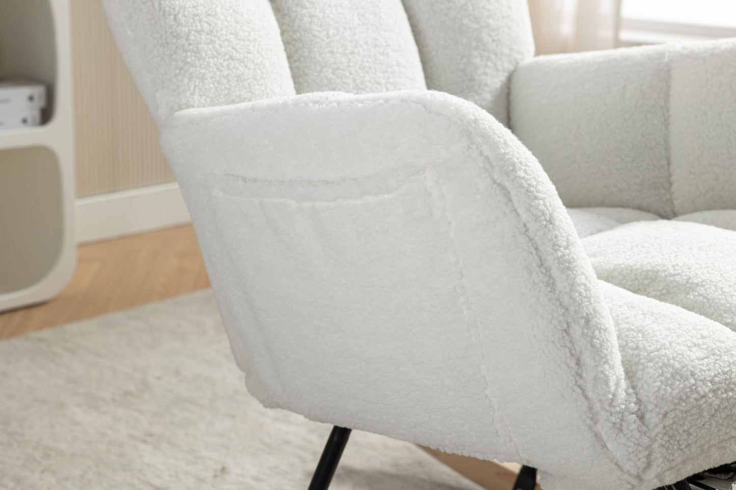 053-Teddy Fabric Rocking Chair With Adjustable Footrest,Ivory