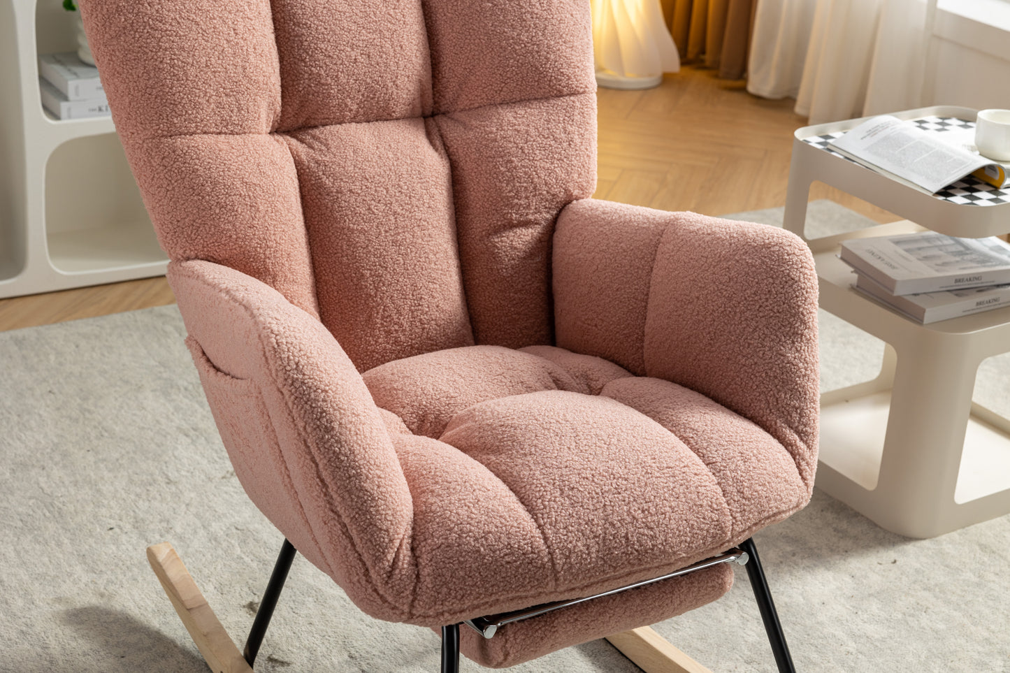 053-Teddy Fabric Rocking Chair With Adjustable Footrest,Pink
