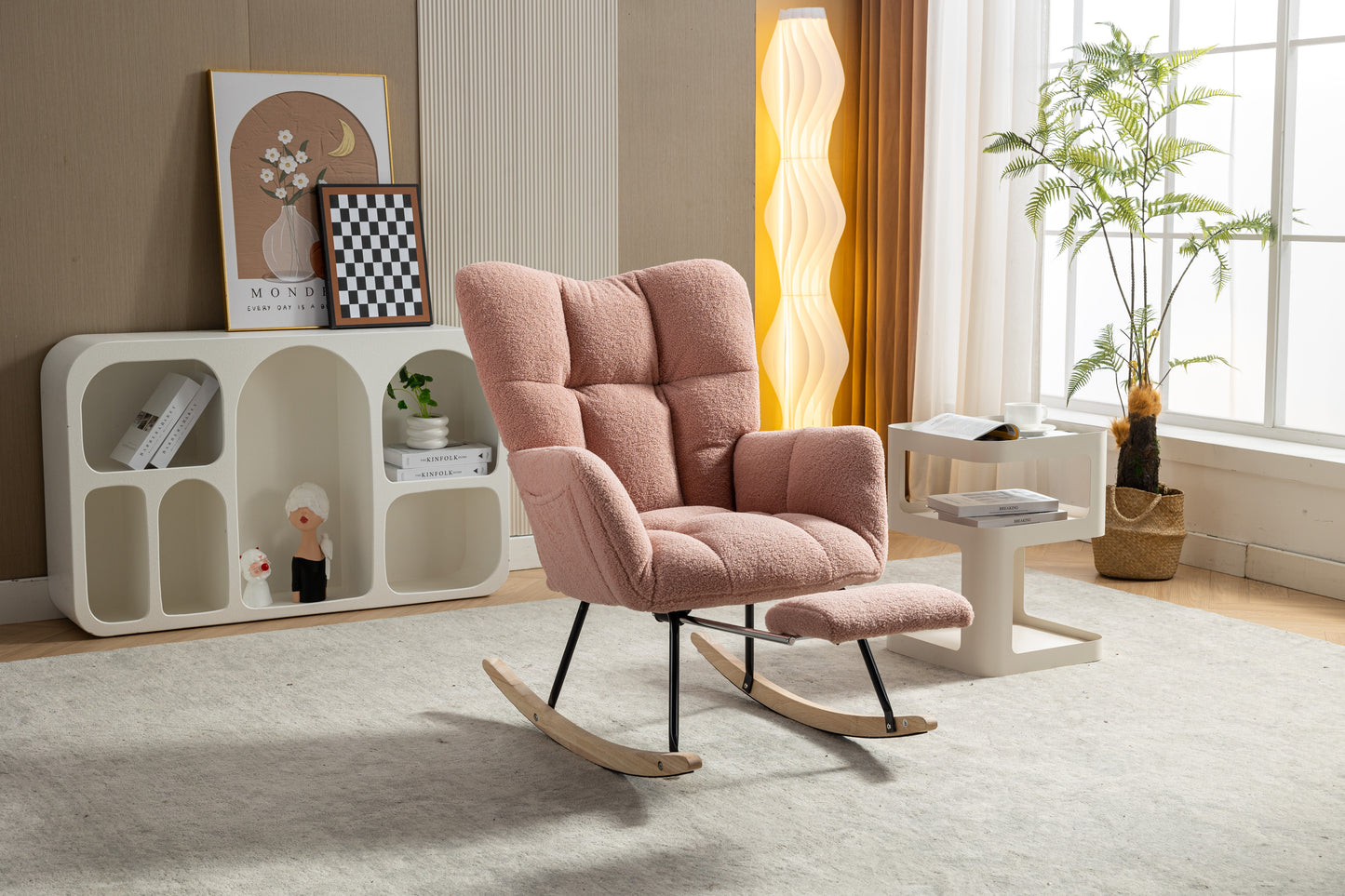 053-Teddy Fabric Rocking Chair With Adjustable Footrest,Pink
