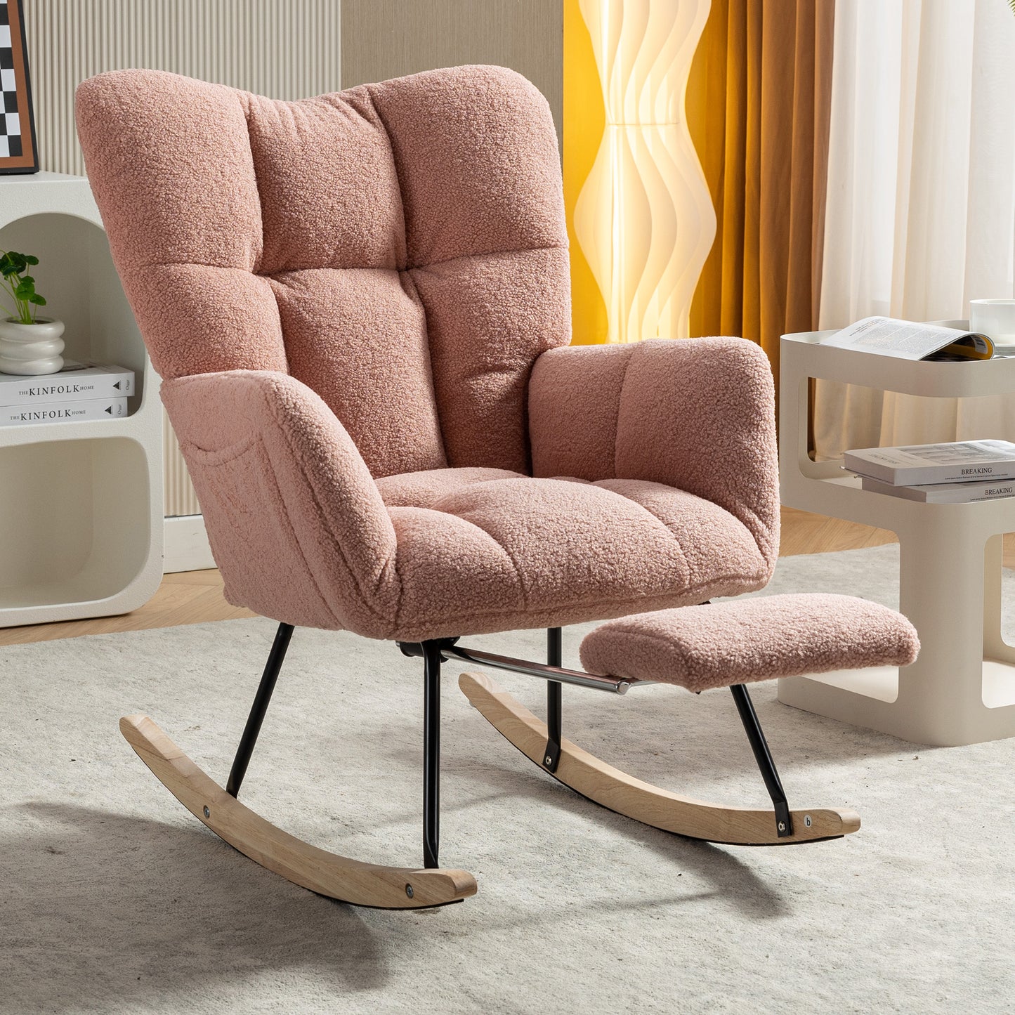 053-Teddy Fabric Rocking Chair With Adjustable Footrest,Pink