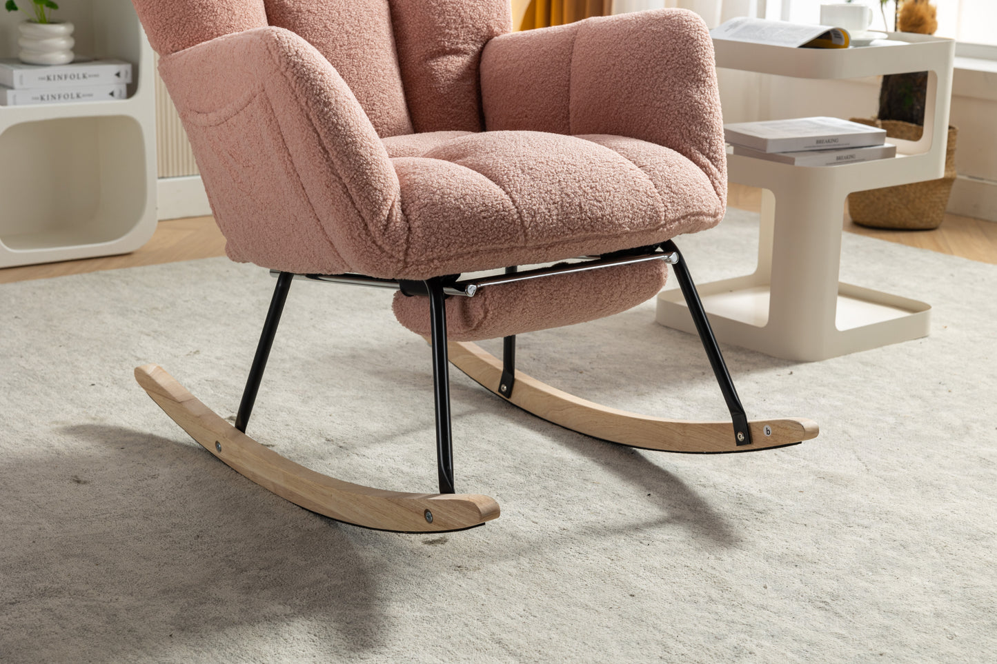 053-Teddy Fabric Rocking Chair With Adjustable Footrest,Pink