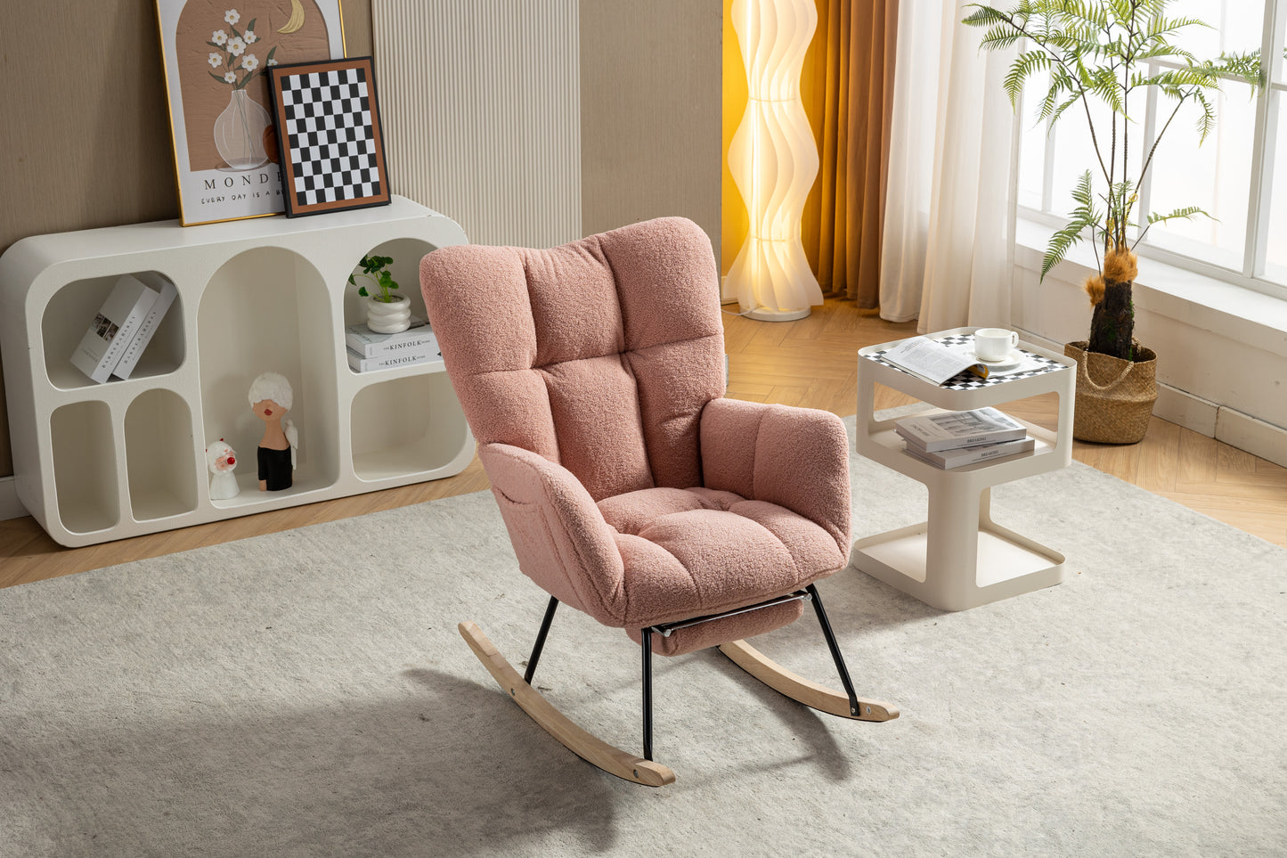 053-Teddy Fabric Rocking Chair With Adjustable Footrest,Pink