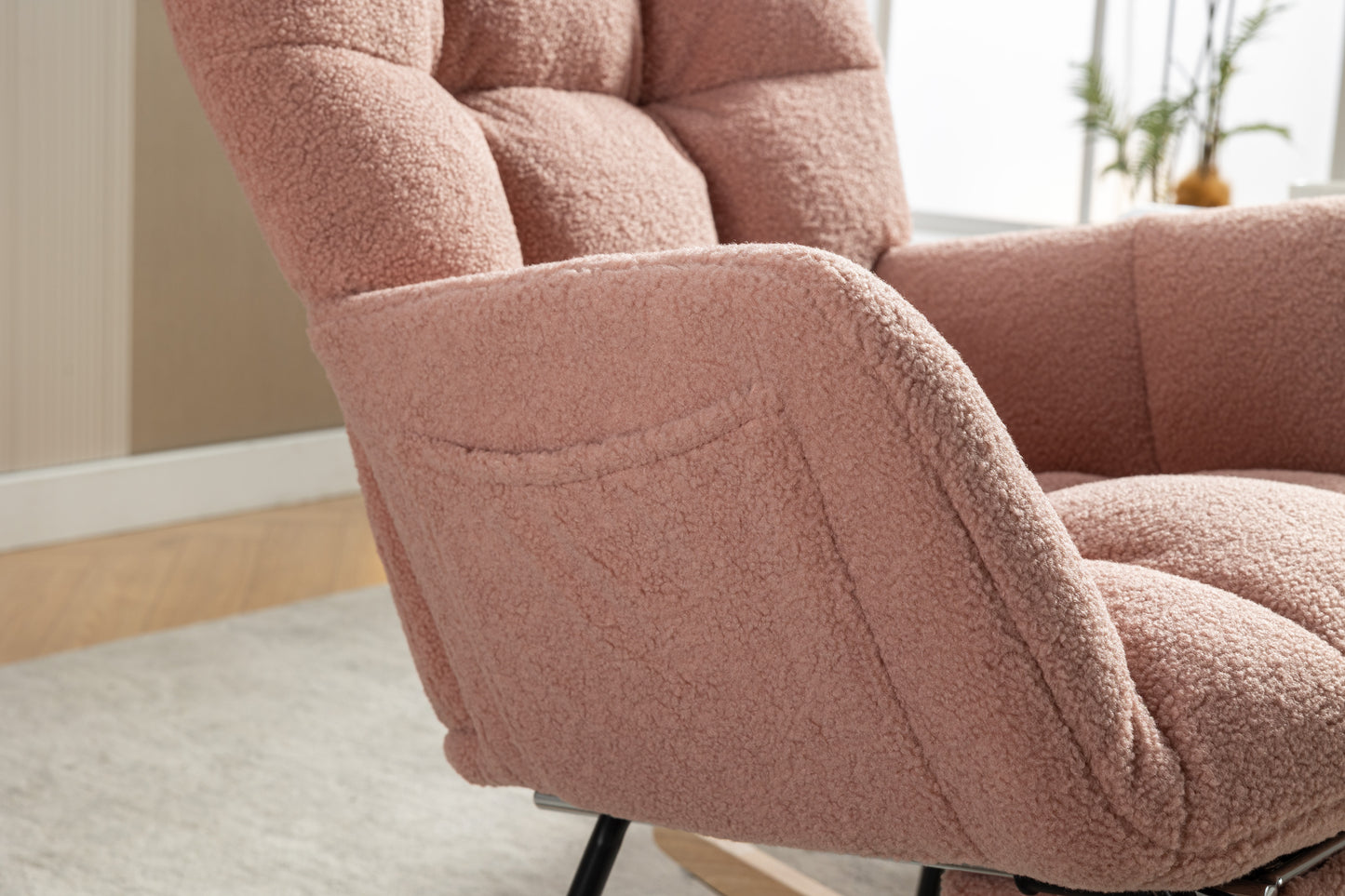053-Teddy Fabric Rocking Chair With Adjustable Footrest,Pink