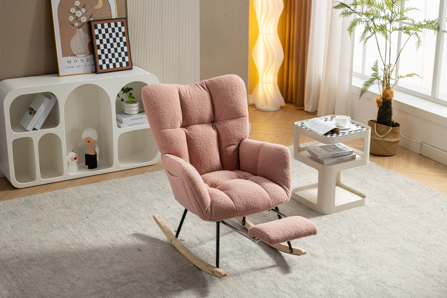 053-Teddy Fabric Rocking Chair With Adjustable Footrest,Pink