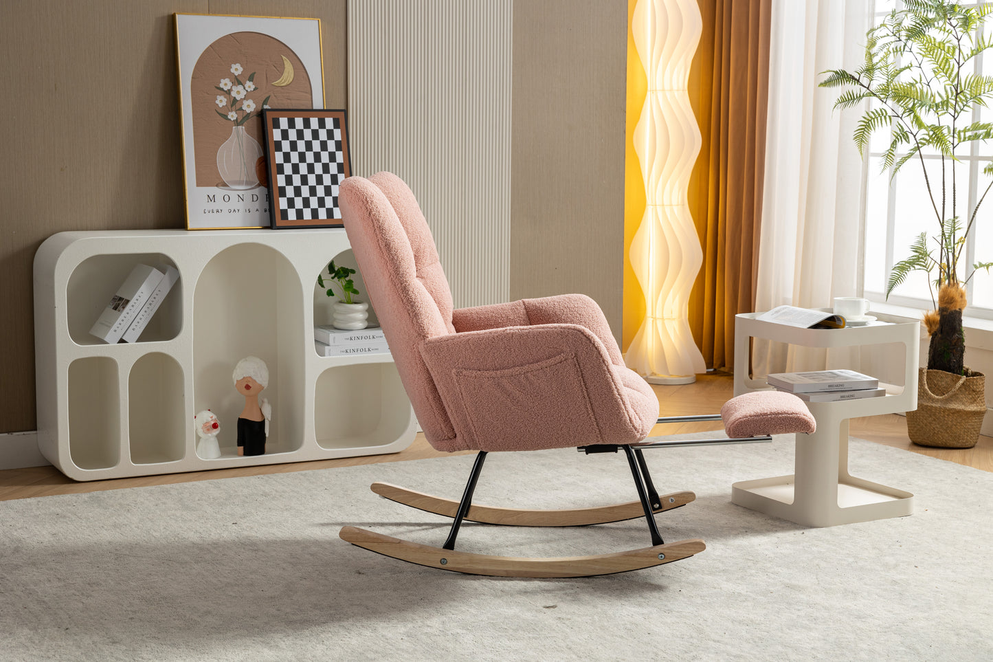 053-Teddy Fabric Rocking Chair With Adjustable Footrest,Pink