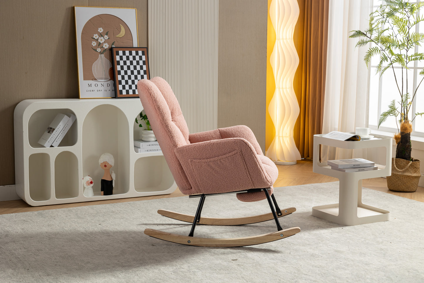 053-Teddy Fabric Rocking Chair With Adjustable Footrest,Pink
