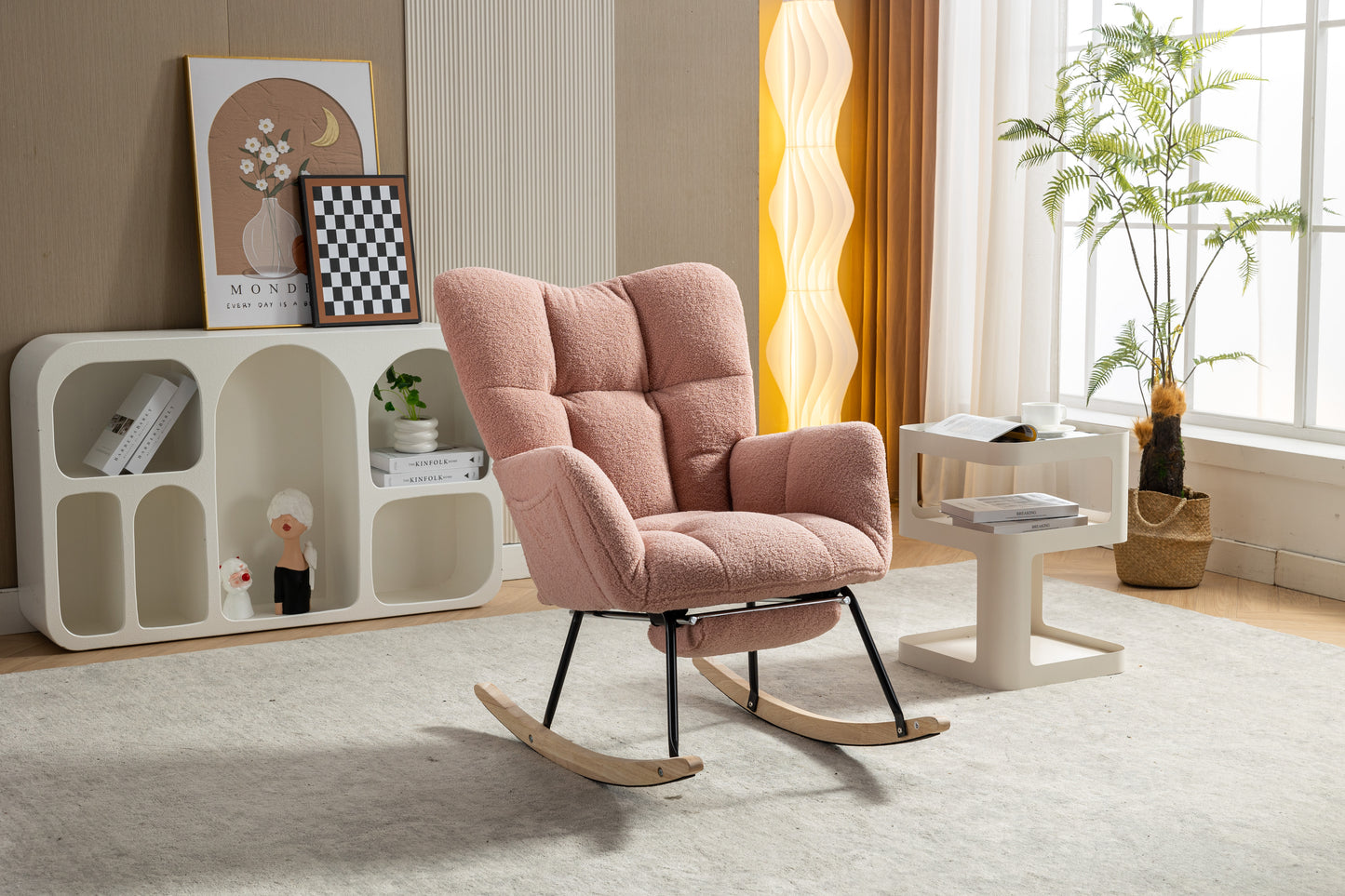 053-Teddy Fabric Rocking Chair With Adjustable Footrest,Pink