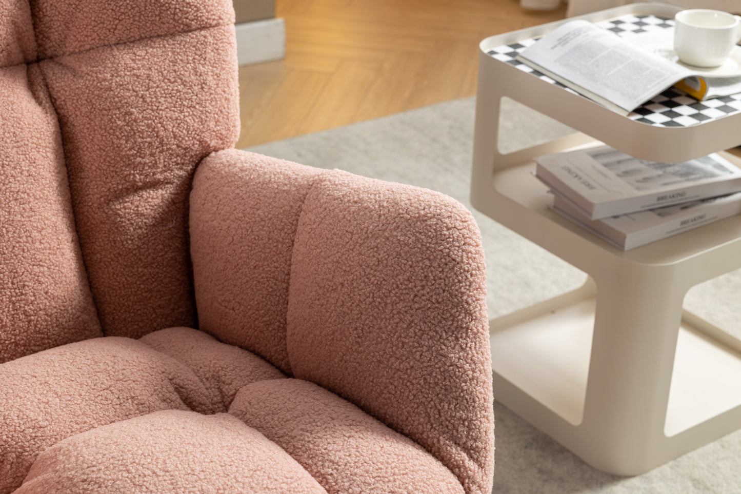 053-Teddy Fabric Rocking Chair With Adjustable Footrest,Pink