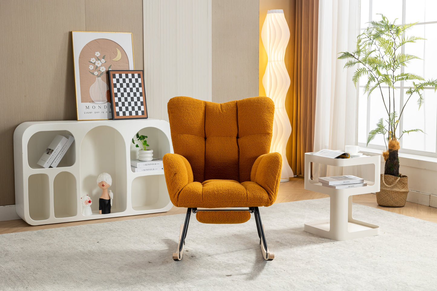 053-Teddy Fabric Rocking Chair With Adjustable Footrest,Caramel