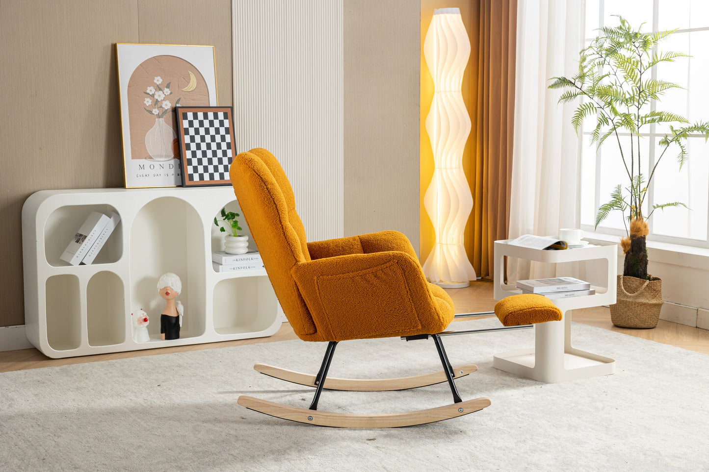 053-Teddy Fabric Rocking Chair With Adjustable Footrest,Caramel