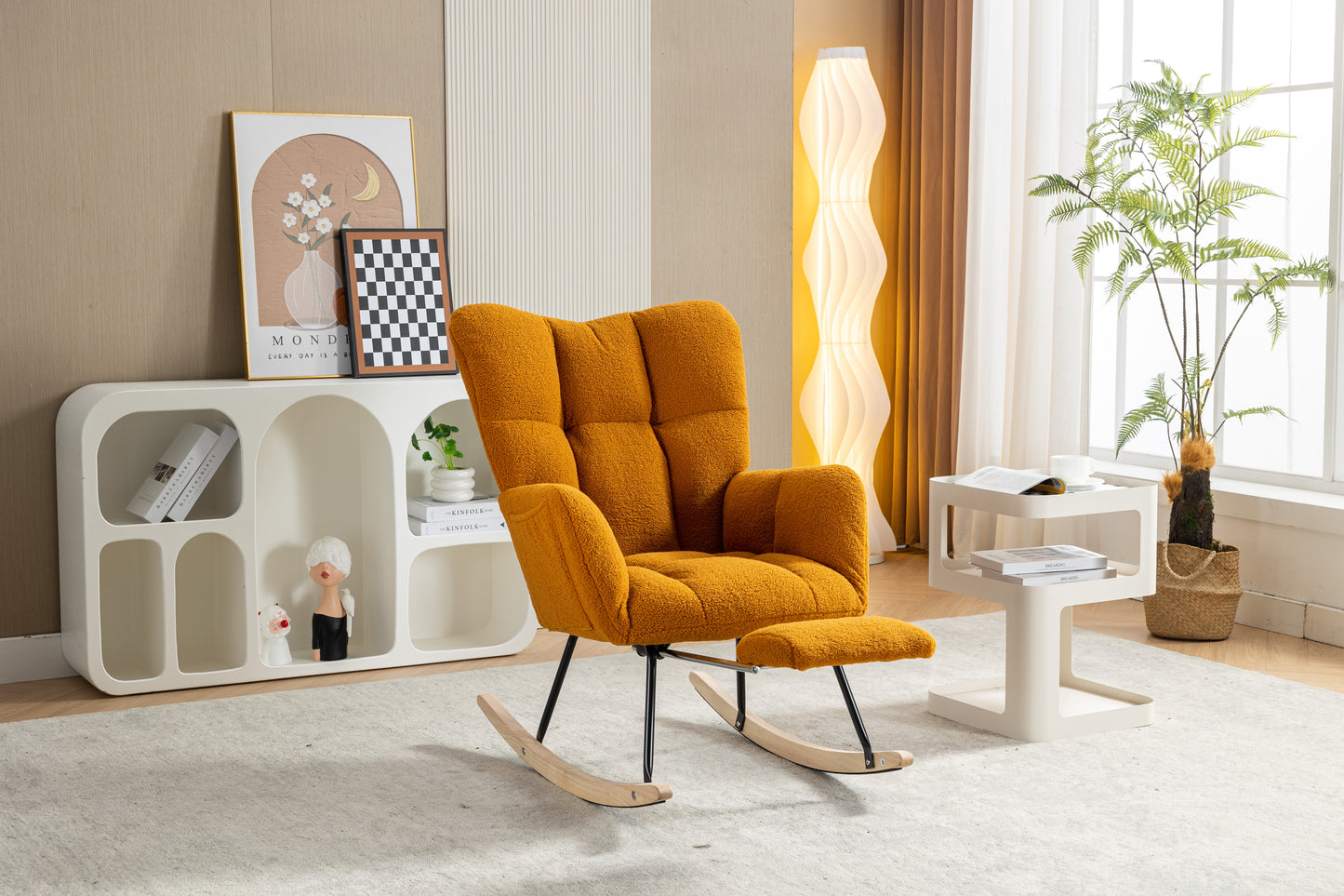 053-Teddy Fabric Rocking Chair With Adjustable Footrest,Caramel