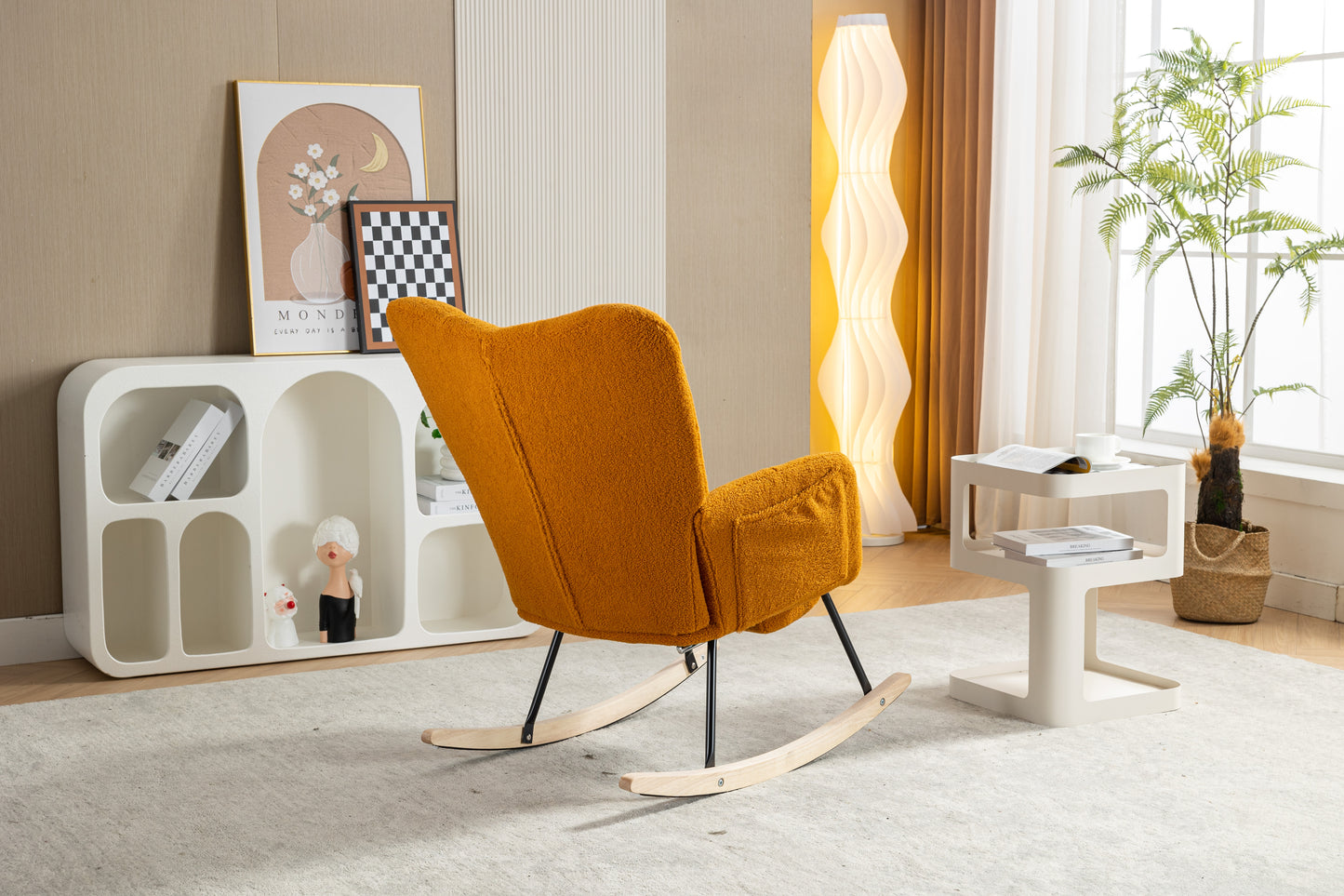 053-Teddy Fabric Rocking Chair With Adjustable Footrest,Caramel
