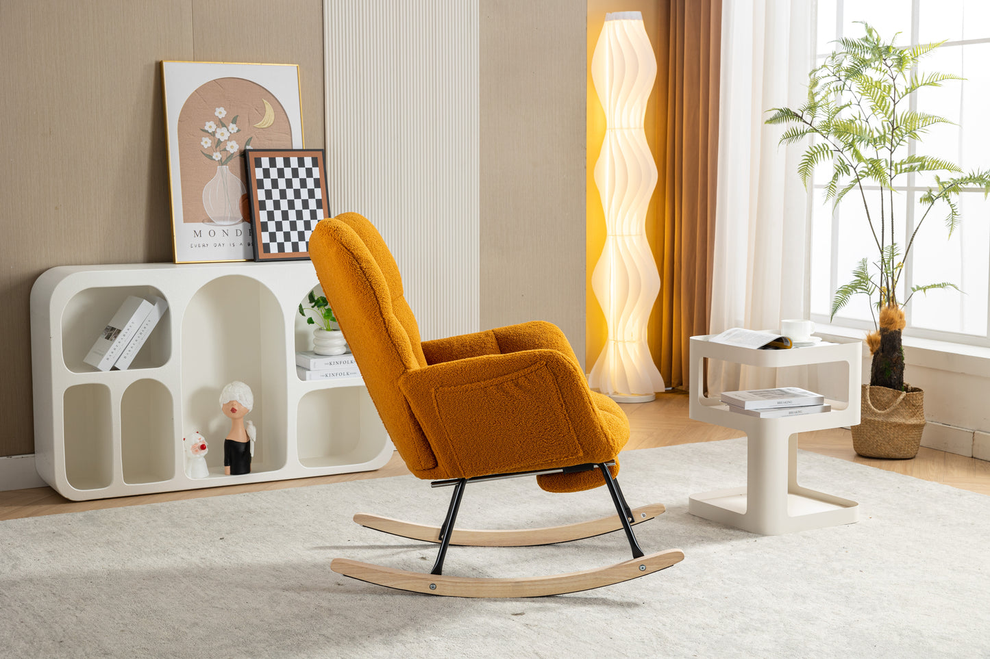 053-Teddy Fabric Rocking Chair With Adjustable Footrest,Caramel