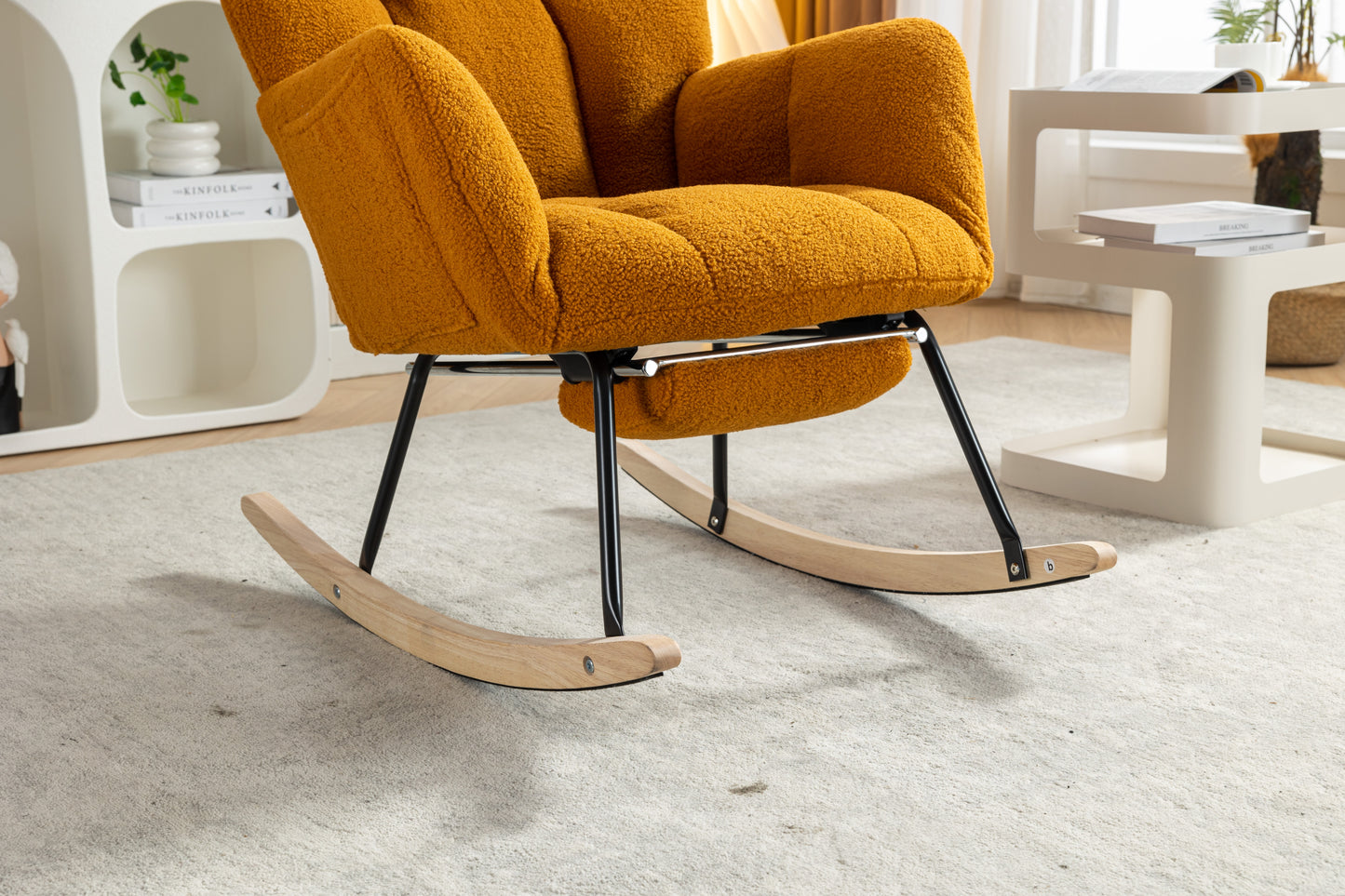 053-Teddy Fabric Rocking Chair With Adjustable Footrest,Caramel
