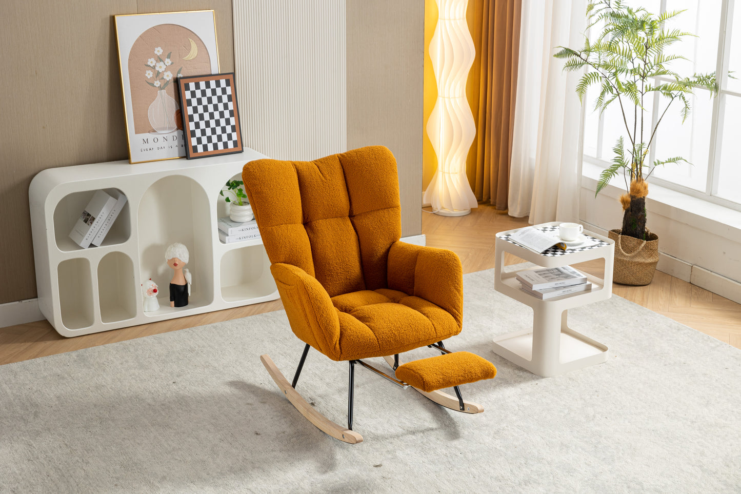 053-Teddy Fabric Rocking Chair With Adjustable Footrest,Caramel